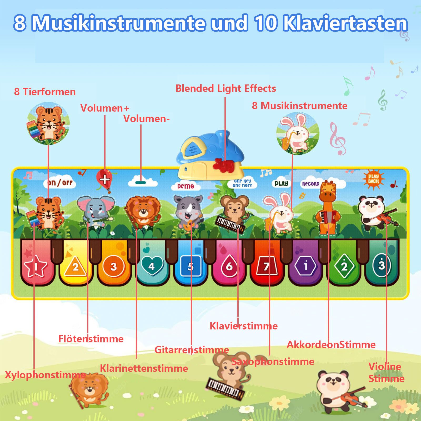 CLTYQ Spielmatte Elektronische Hüpfmatte mit Sound, Elektronische Klaviermatte, Musikmatte mit 10 Tieren Kinderspielzeug,Tanzmatte Spielzeug