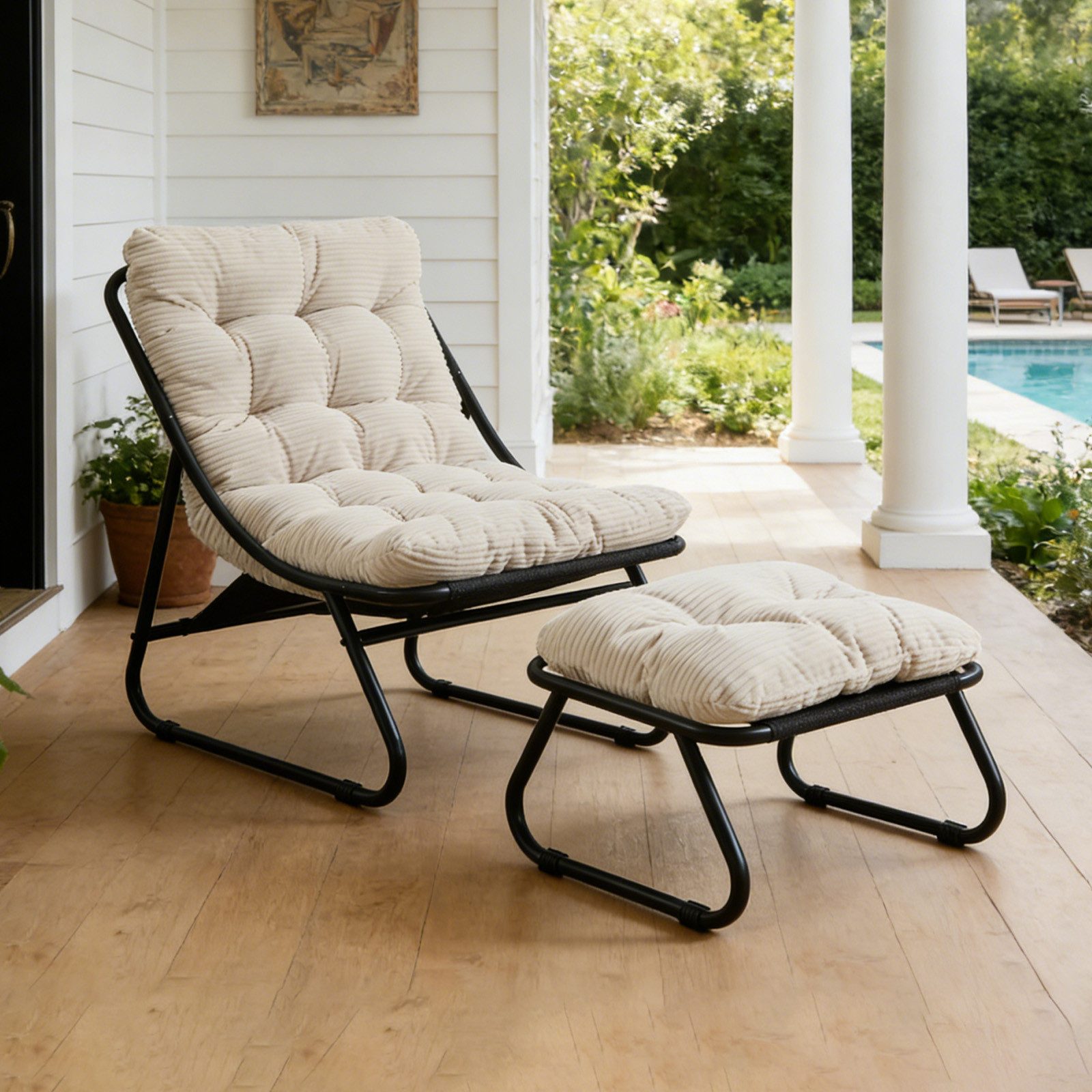 LVHOM Loungesessel mit Hocker, wasserdichtem Stahlrahmen, ergonomisch, für In-/Outdoor (Relaxsessel, bequeme Sitzfläche, Hocker als temporärer Sitz/Schuhwechselbank, rutschfestes Design, rostfreier Metallrahmen, Tragfähigkeit 130 kg), für Garten, Balkon, Wohnzimmer, Schlafzimmer, Arbeitszimmer, Innenhöfe