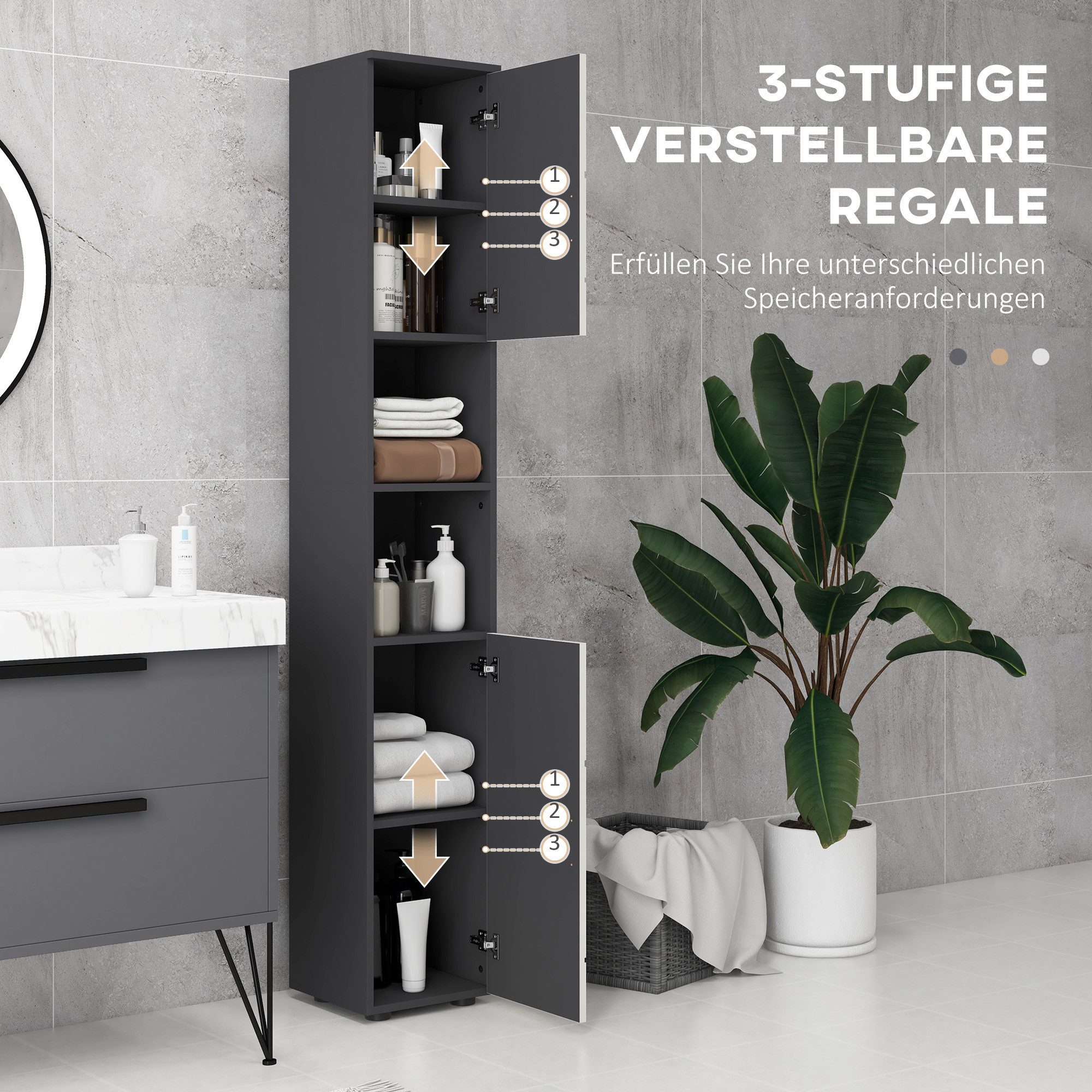 Kleankin Badkommode Hochschrank Toilettenschrank, 2 offenen Fächern, für kleine Räume (schmaler Badezimmer-Aufbewahrungsschrank, 1 St., mit verstellbaren Regale – Bild 5 von 5
