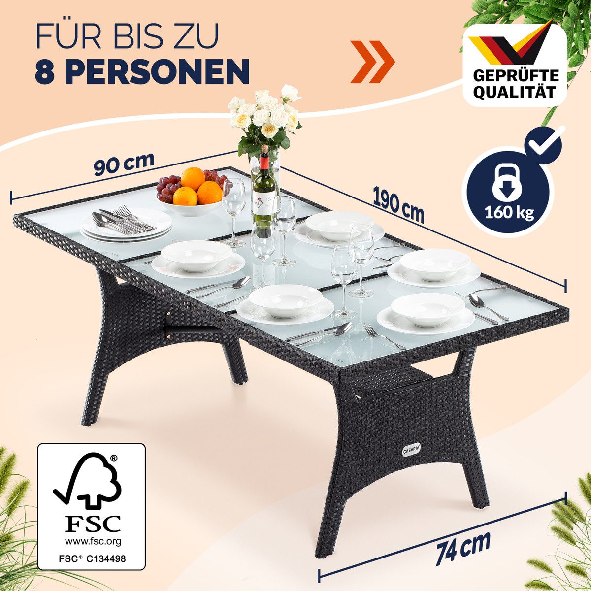 Casaria Gartentisch (1-St), Polyrattan 190x90x74cm mit Ablage Sicherheits Glasplatte