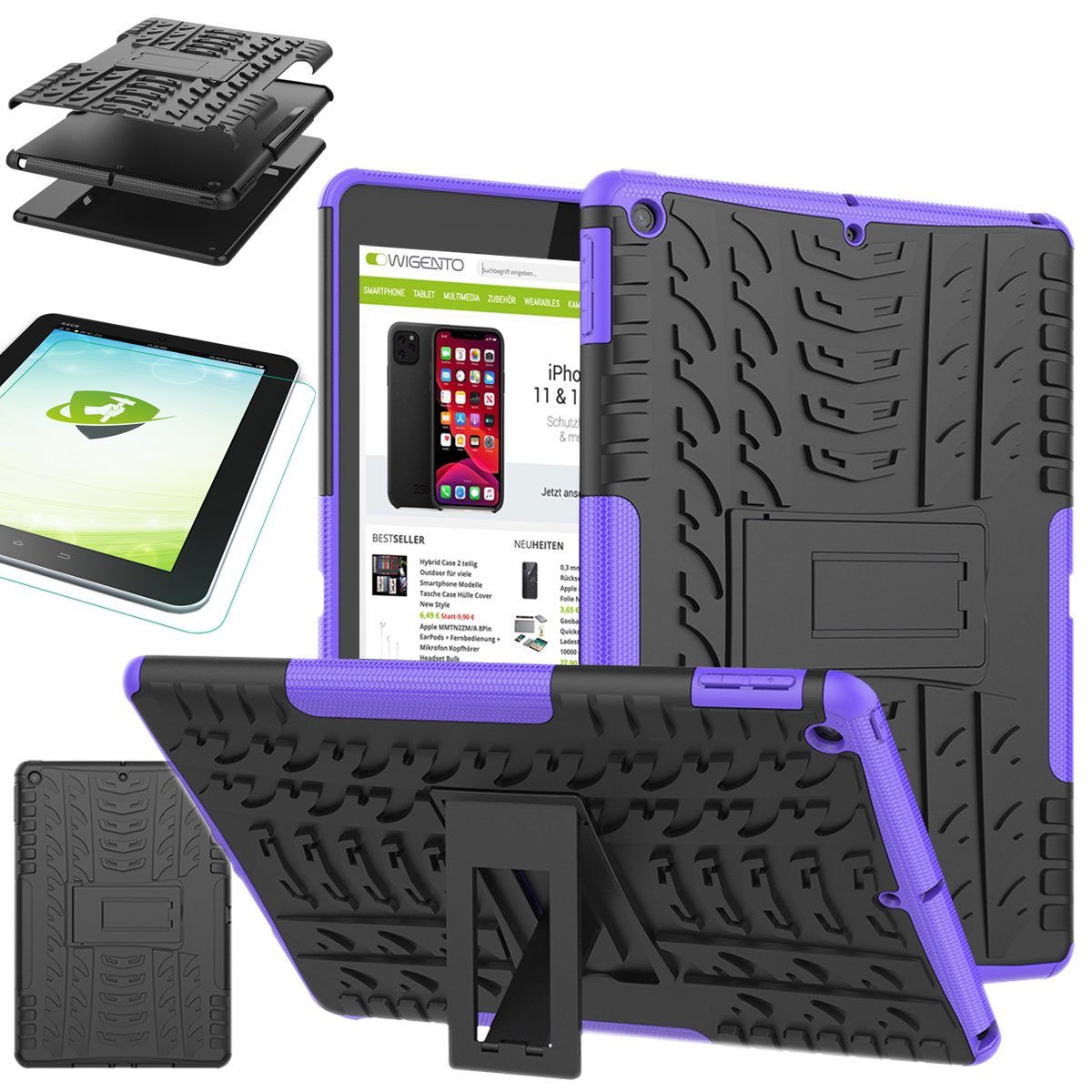 Wigento Tablet-Hülle Für Apple iPad 10.2 Zoll 2019 / 2020 / 2021 7. / 8. / 9. Generation Hybrid Outdoor Schutzhülle Lila Tasche + 0.3 H9 Schutzglas