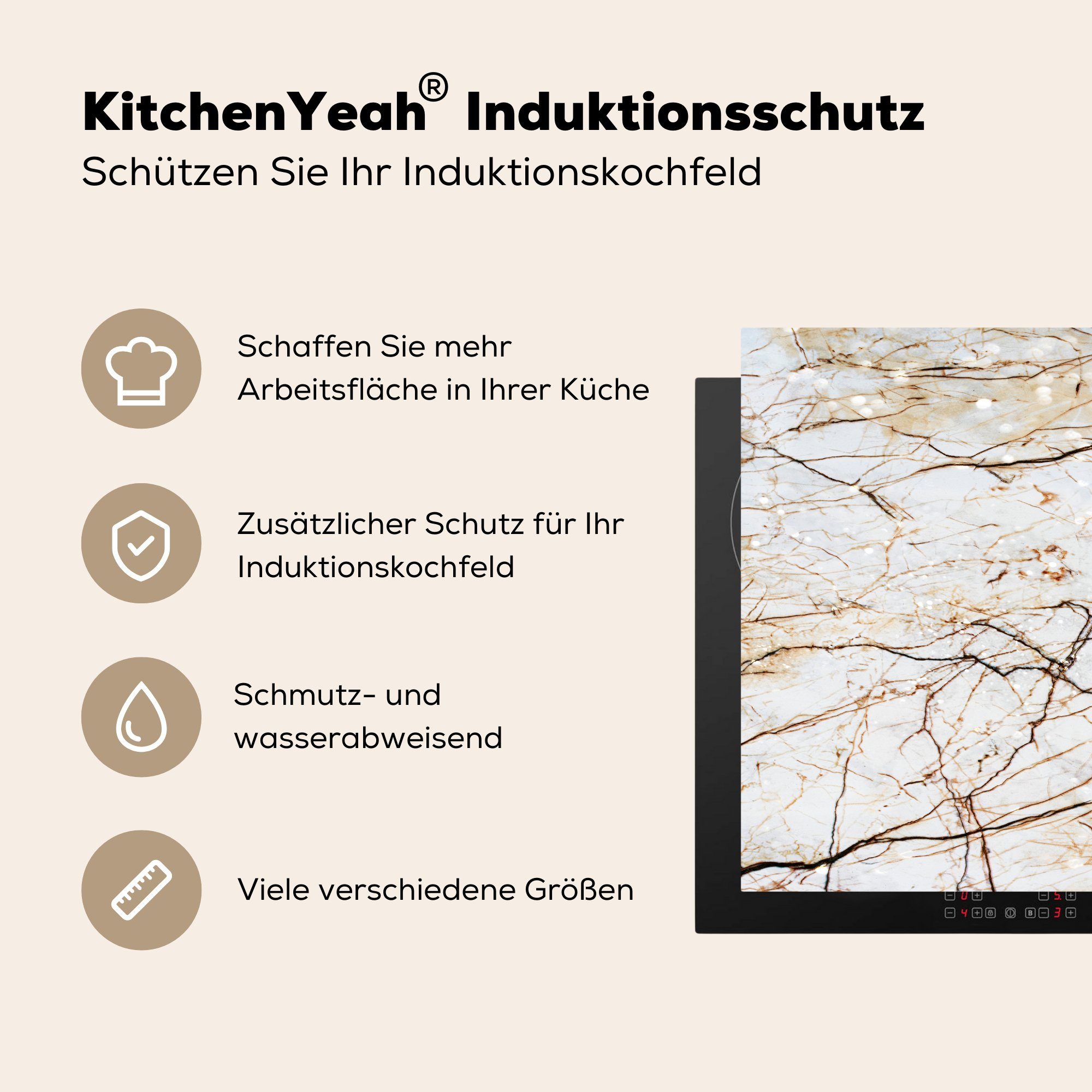 78x78 Herdblende-/Abdeckplatte Weiß, - tlg), Ceranfeldabdeckung, Braun für Arbeitsplatte cm, Marmor (1 - Vinyl, küche MuchoWow