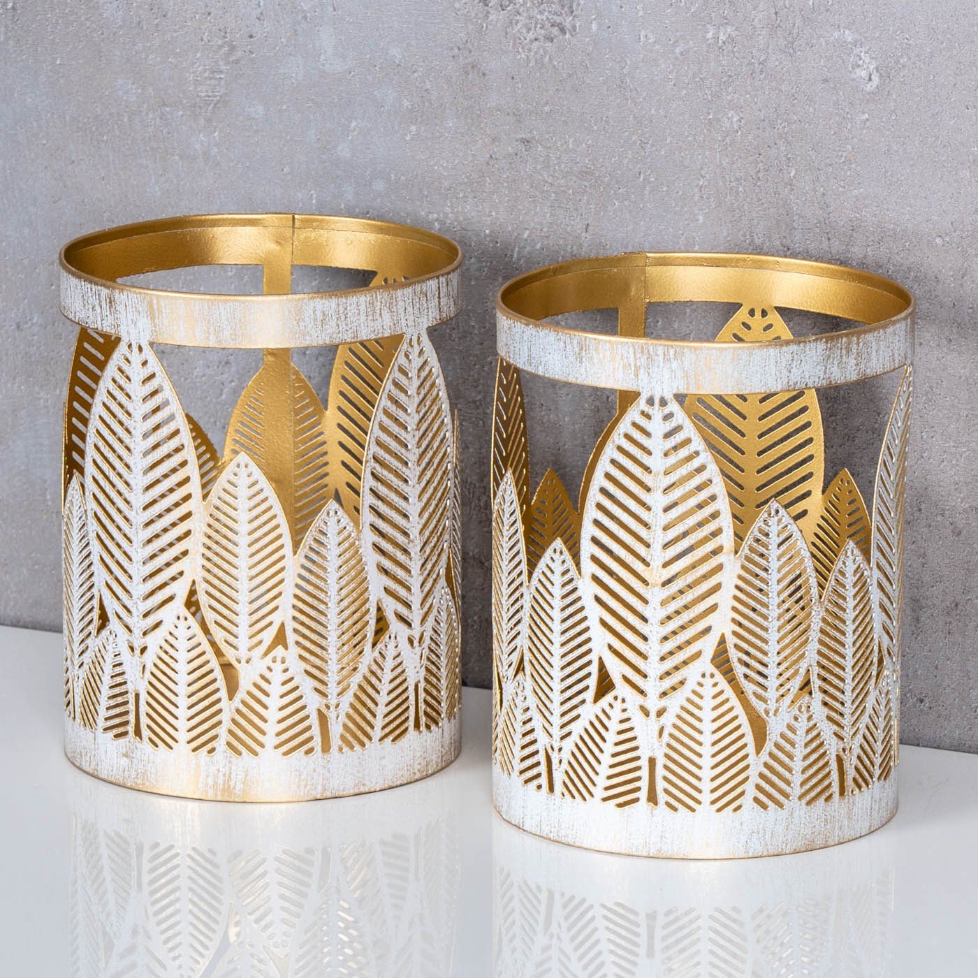 Windlicht Metall Gold Teelichthalter, Levandeo® Weiß/Gold Teelichthalter 10x13cm Weiß 2er Blattdekor Set