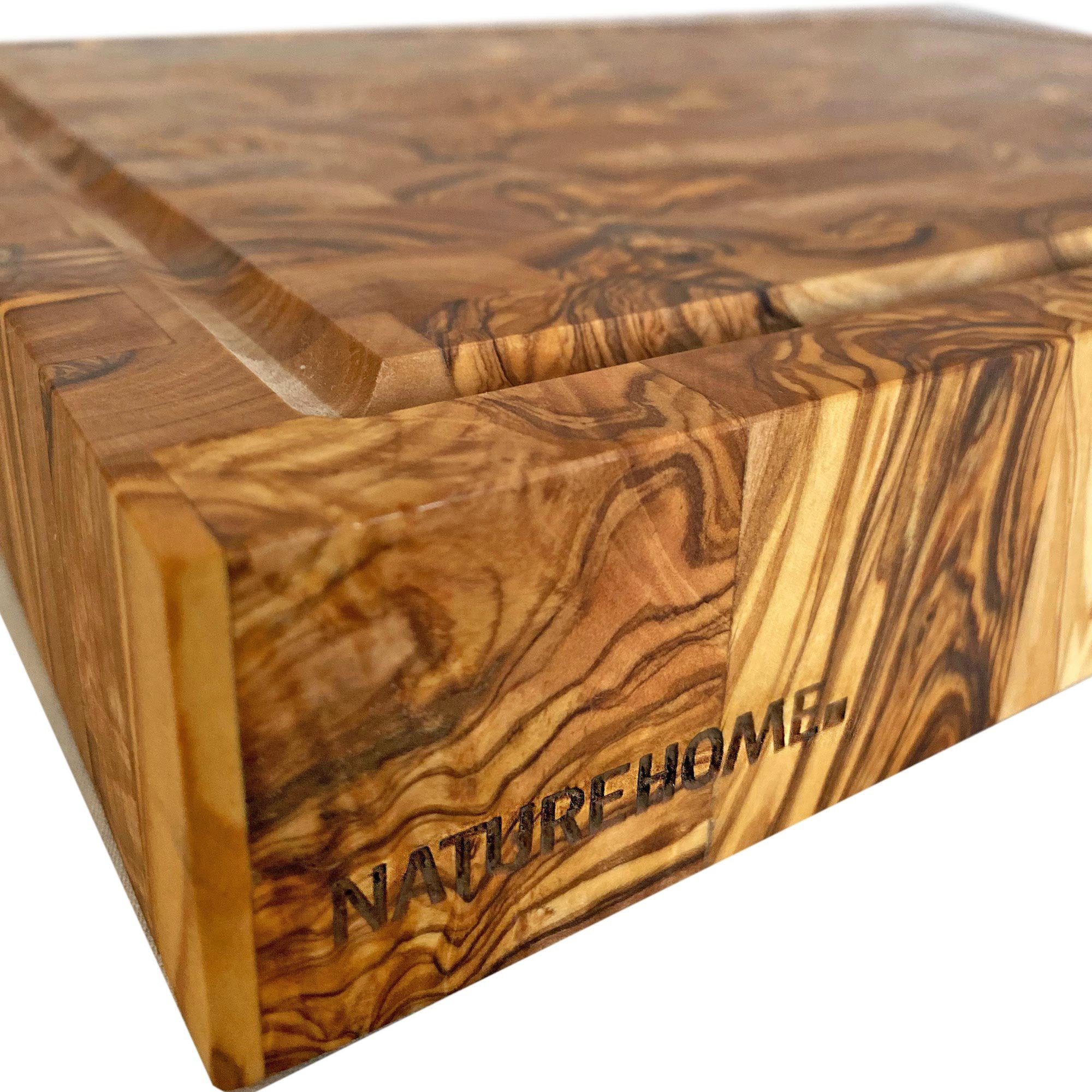 NATUREHOME Schneidebrett PRESTIGE Holz, Handarbeit, Holzbrett Olivenholz Massiv Hackblock Haltbar, 40x30x4,5cm