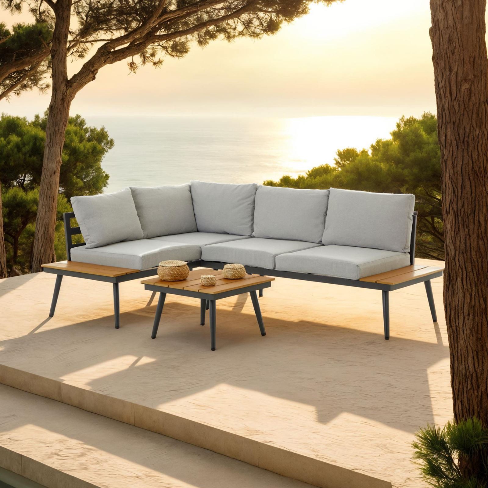 CARO-Möbel Gartenlounge-Set PAROS, Outdoor Sofa mit Beistelltisch, Garten Ecksofa grau und holzoptik