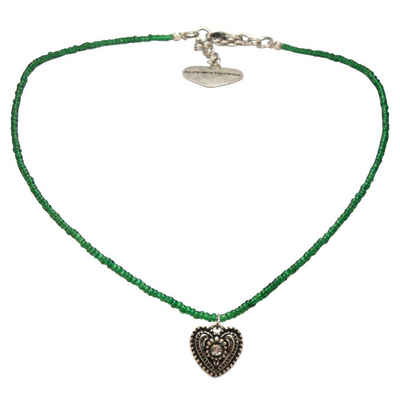 Alpenflüstern Collier Filigran Perlen-Trachtenkette Trachtenherz (grün), - Damen-Trachtenschmuck mit antik-silber-farbenem Strass-Herz, Dirndlkette