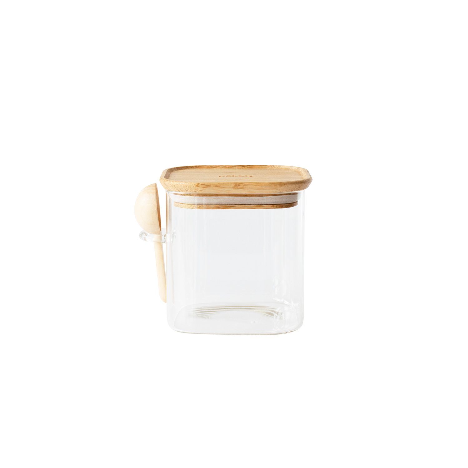 Pebbly Vorratsdose Pebbly Glasbehälter quadratisch mit Bambusdeckel + Löffel 800 ml, Borosilikatglas, Bambus, Silikon