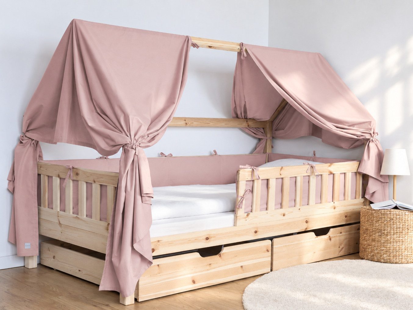 Loolay Bettnestchen Bettumrandung für Bodenbett & Hausbett 80x160 90x200 120x200 cm, (als Baumwolle Umrandung einzeln oder im Set mit passendem Betthimmel erhältlich, für Mäschen Jugendbetten flexibel befestigt, passend für Mädchenzimmer), 100% ROSA - LOOLAY Kleinserien aus europäischer Fertigung & Stoffen!