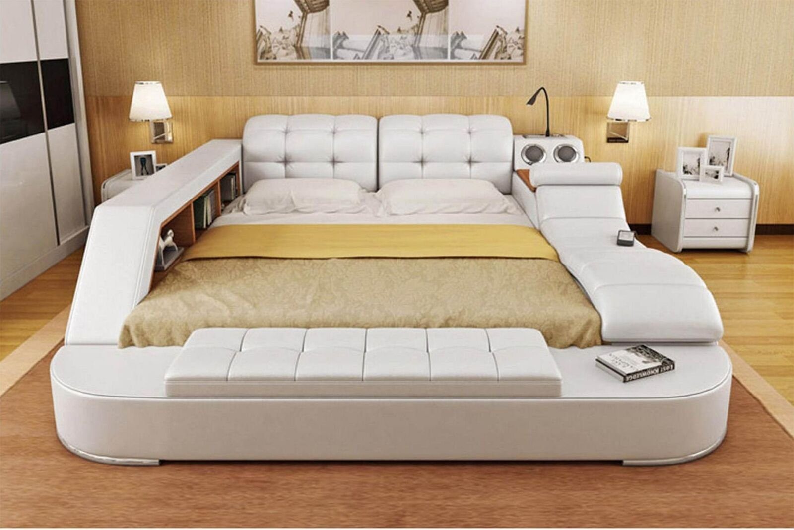 Design (1-tlg., Neu 1x Couchtisch), Multimediabett JVmoebel 180x200 Multifunktionsbett in Chesterfield Weiß Europa ohne Made Luxus Doppel Bett Bett