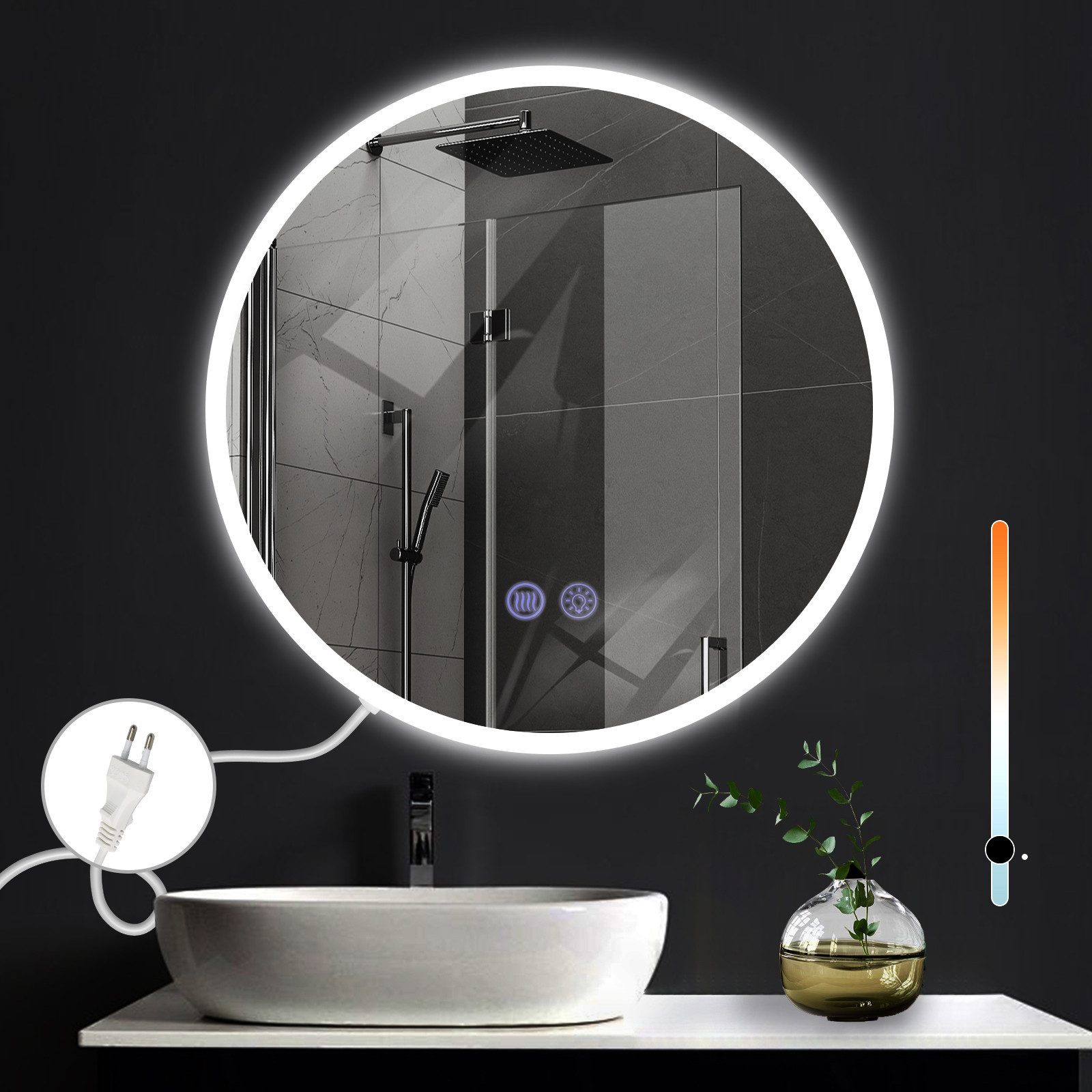 Nettlife Badspiegel spiegel mit Beleuchtung Rund 60cm, zimmerspiegel mit Touch-Schalter und Entfogger-Funktion