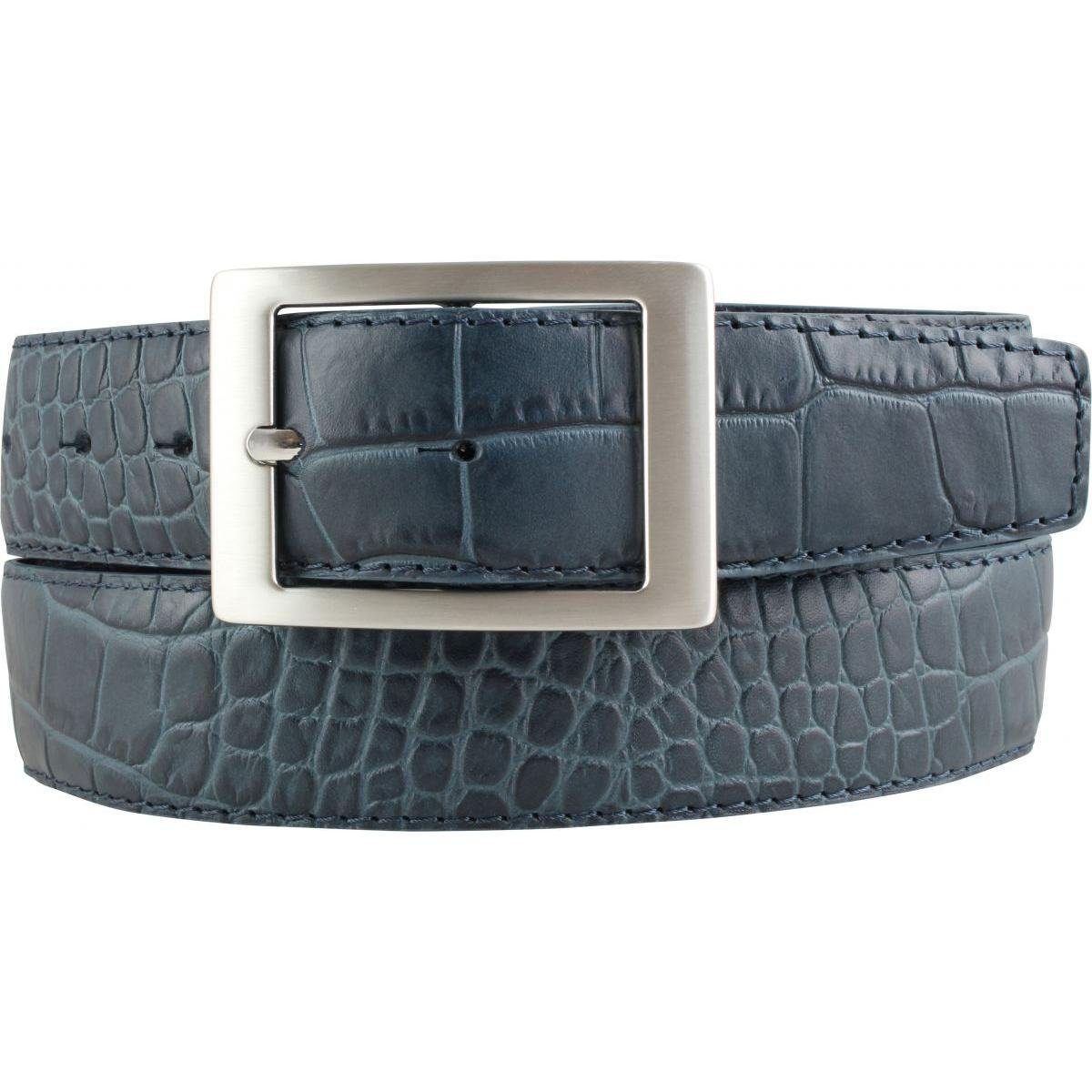 BELTINGER Ledergürtel Gürtel mit Krokoprägung 4 cm - Leder-Gürtel mit Doppel-Schnalle für Da Jeansblau, Silber