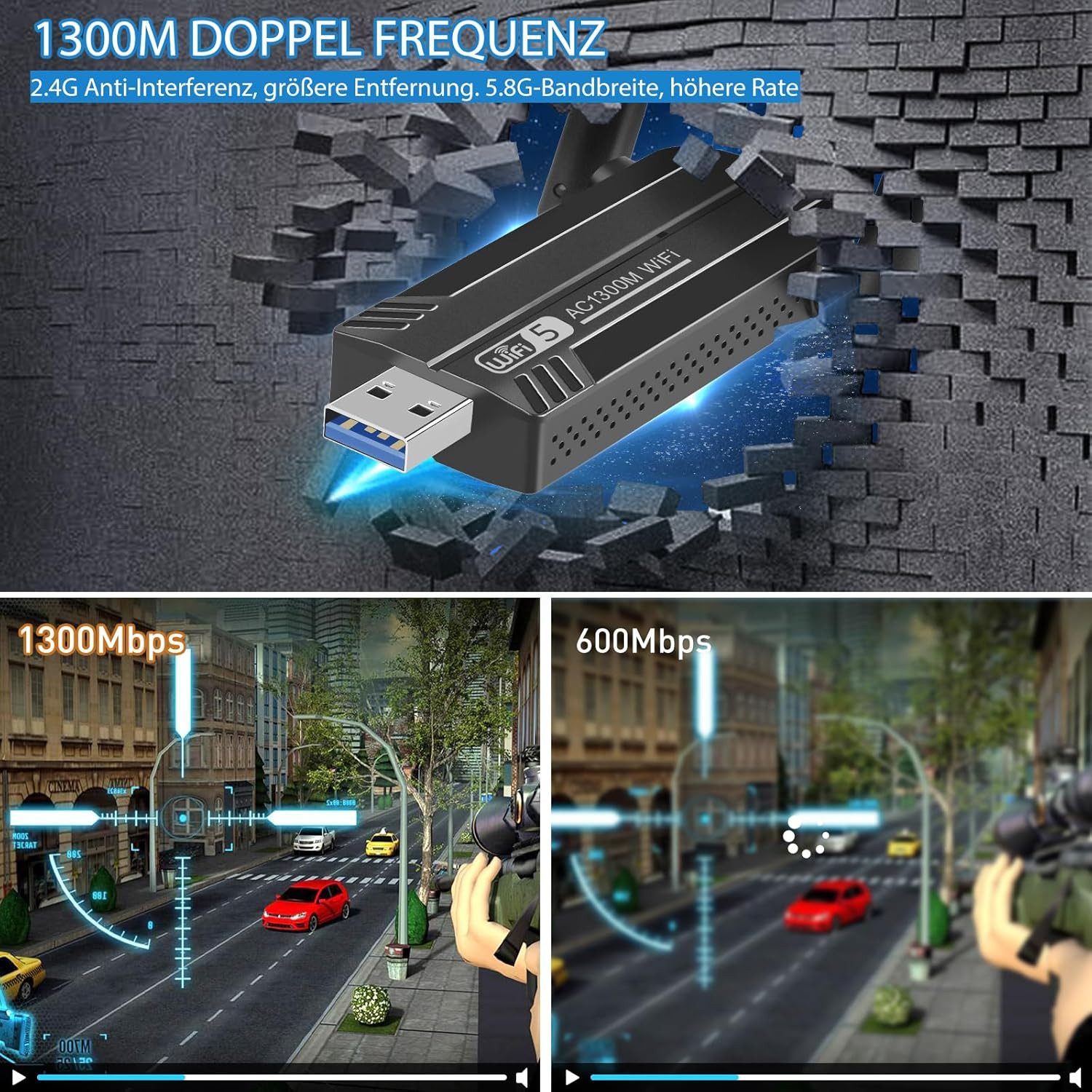 shuwosmart WLAN-Adapter, für PC 1300Mbps USB 3.0 Dual Band 2.4GHz/5.8GHz mit 2 x 5dBi Antenna