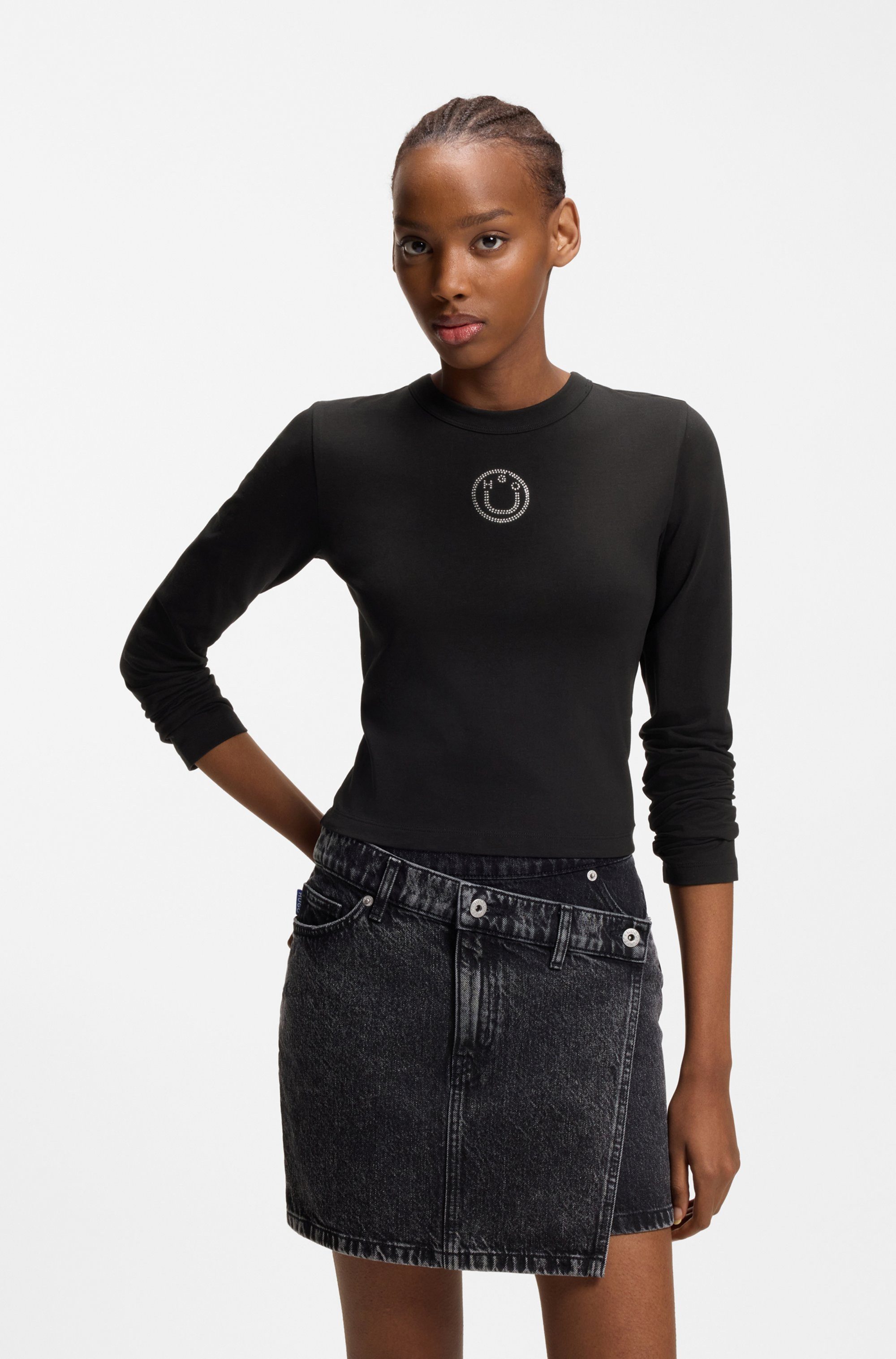 HUGO Blue Langarmshirt Daliriee cropped, Rundhals, mit Strassbesatz