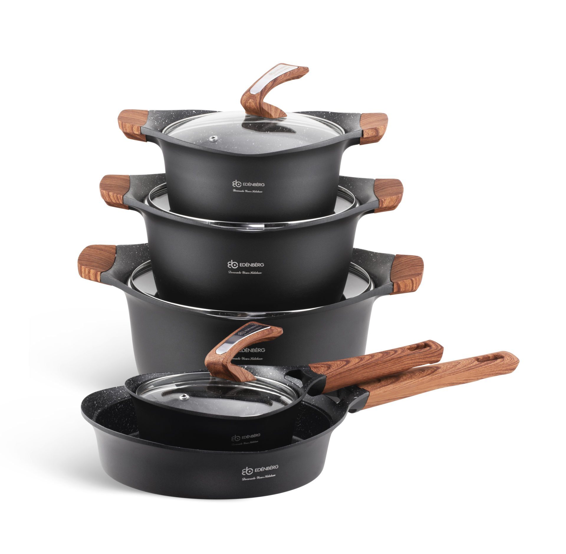 Edenberg Topf-Set Modernes Topfset, schwarze Töpfe, braune Griffe, Pfanne, Kasserolle, Keramik, Aluminium (Sehr hohe Qualität, 15-tlg., Zeitloses Design des Topfsets. Eine ideale Geschenkidee)