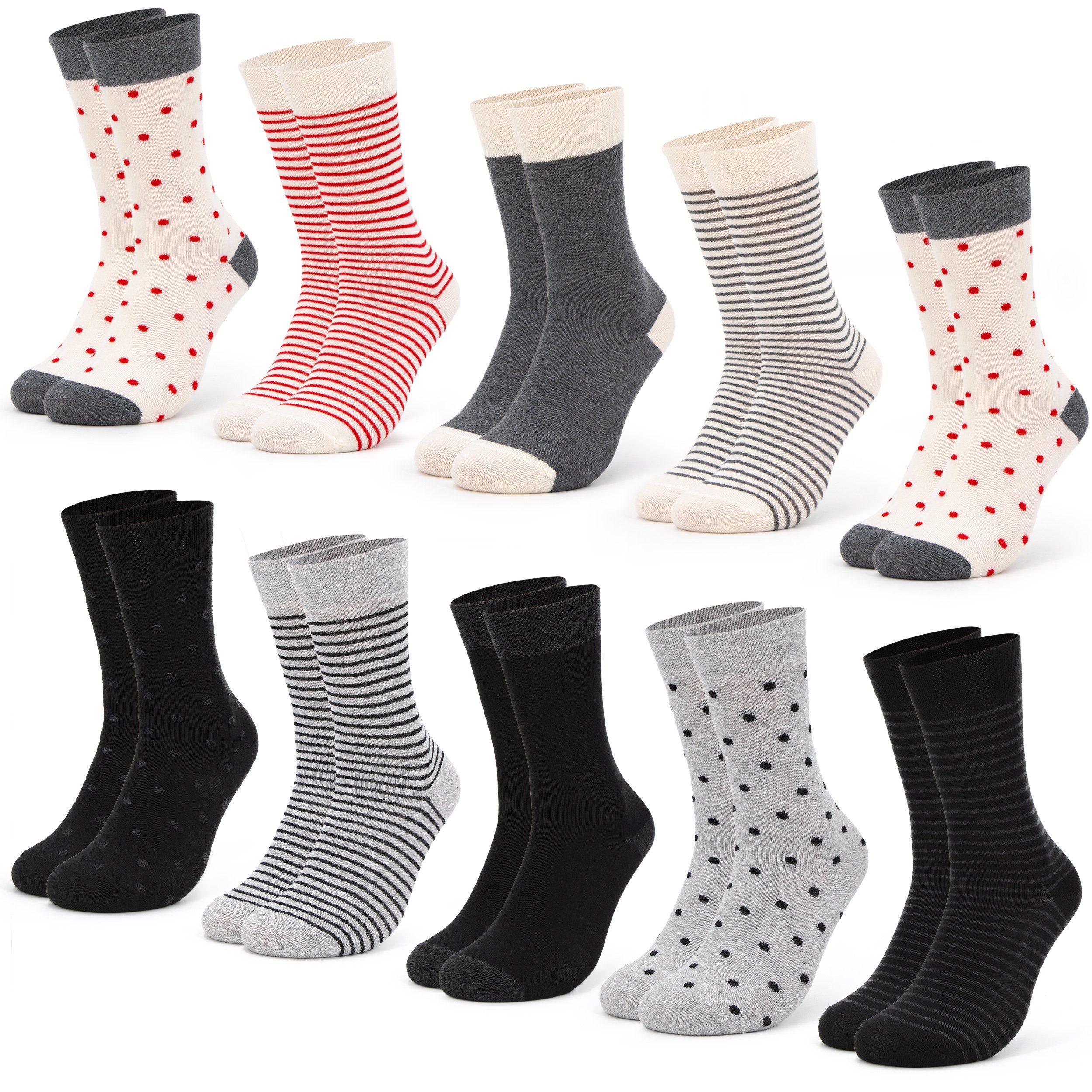 OCCULTO Basicsocken Damen Muster Socken (Modell: Milka) (10-Paar) 10 10BlkRed Paar