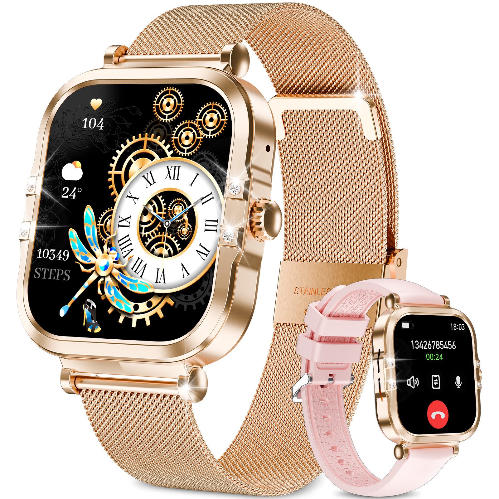 Rayofi AMOLED SmartWatch Damen,2025 Neue 1,75" Fitnessuhr mit Telefonfunktion Smartwatch (Zwei Armbänder, Full Touch Square Fine Sportuhr Damen cm) Mit Menstruationszyklus, Schrittzähler, Blutdruckmessung, Herzfrequenzmonitor, Oximetrie Monitor, Schlafmonitor, SOS, Wettervorhersage, IP67 Wasserdicht Fitness Tracker Damen, Verfügbar für Android 4.4+ / iOS 10.0+.