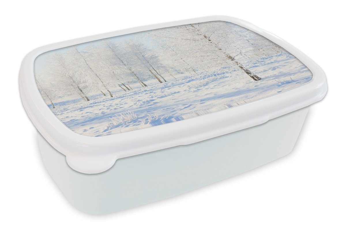 MuchoWow Lunchbox Schnee - Bäume - Winter, Kunststoff, (2-tlg), Brotbox für Kinder und Erwachsene, Brotdose, für Jungs und Mädchen weiß