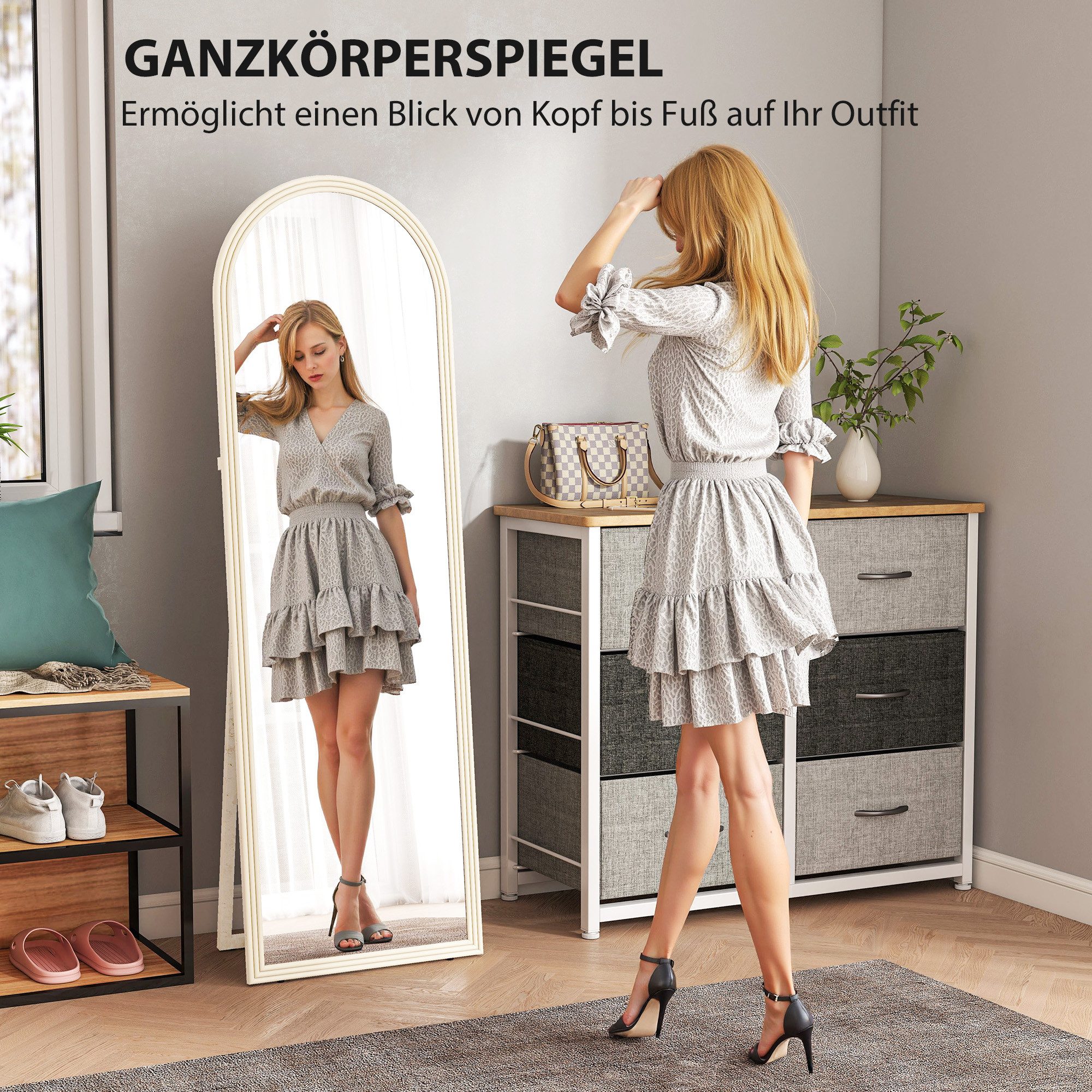 HOMCOM Standspiegel Bogen Ganzkörperspiegel mit Steinoptik, Wandspiegel zum Stehen (Stehspiegel, 1-St., Standspiegel), für Wohnzimmer, Schlafzimmer, Weiß – Bild 4 von 5