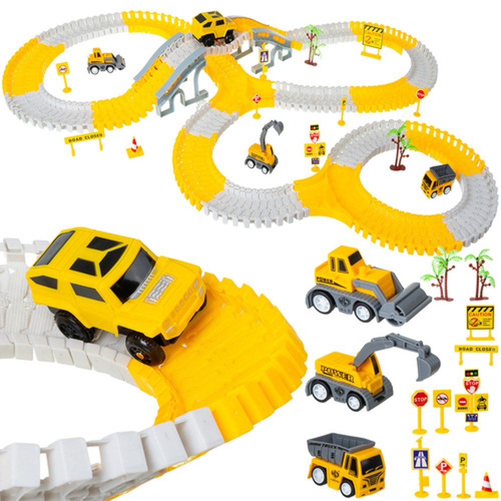 ISO TRADE Autorennbahn Auto Rennstrecke Baustelle, (Spar-Set, Selbstaufbau), Mit Baufahrzeugen, Kran und Zubehör wie auf einer echten Baustelle