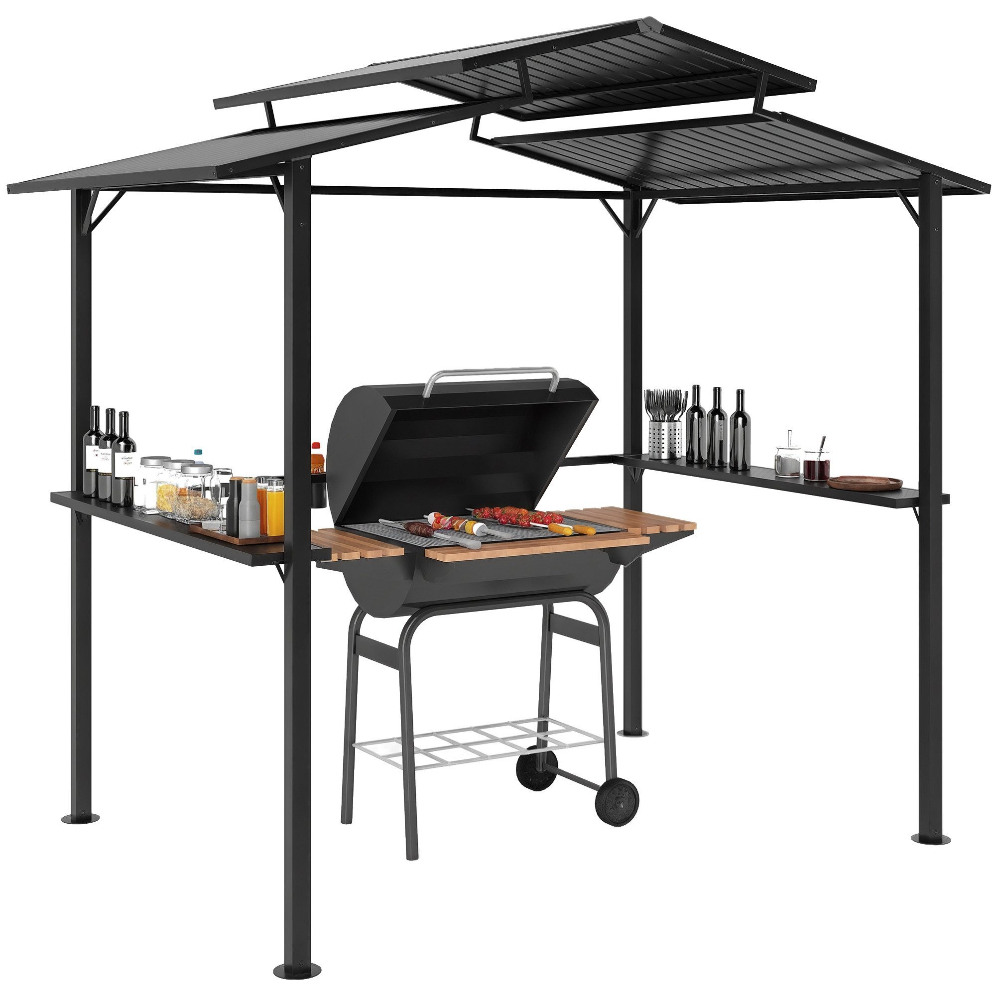 MC Star Pavillon Grillpavillon 250 x 160 x 250 cm wasserdicht Gartenpavillon, mit Doppelschichtdach, Seitenregalen Schwarz