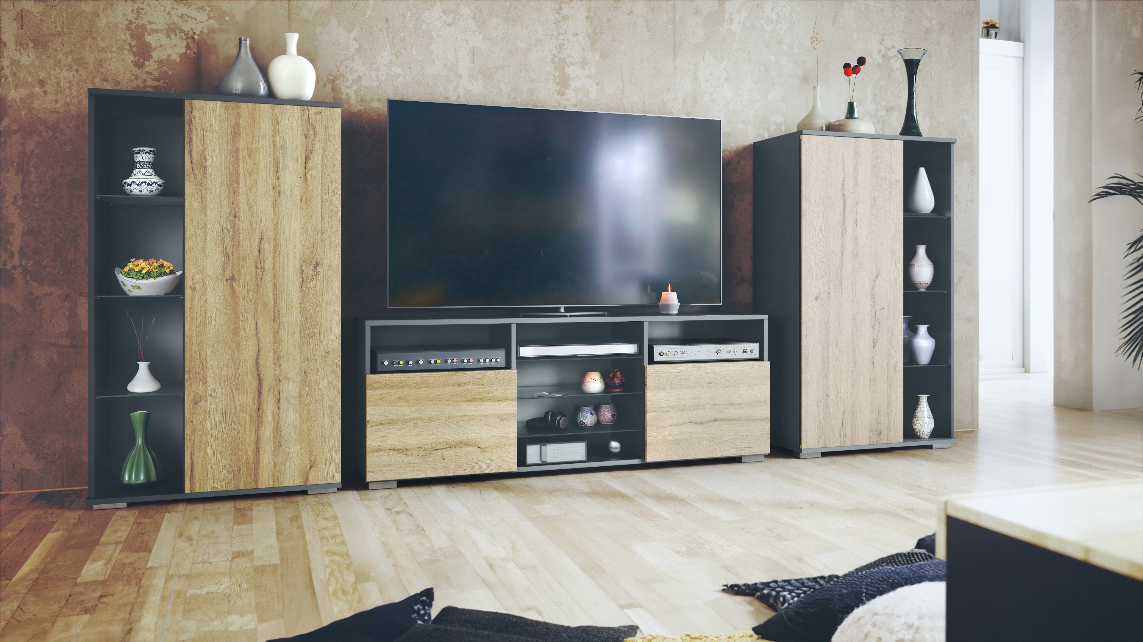 Vladon Wohnwand Davos, (Anbauwand, bestehend aus 2 Vitrinen und 1 TV-Board) günstig online kaufen