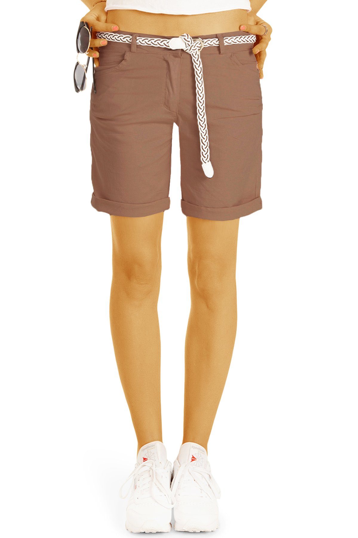 be styled Shorts Chino Stoff Unifarben, mit - - Hosen mit - in Kurze Gürtel Damen Shorts braun Gürtel lockere h23a