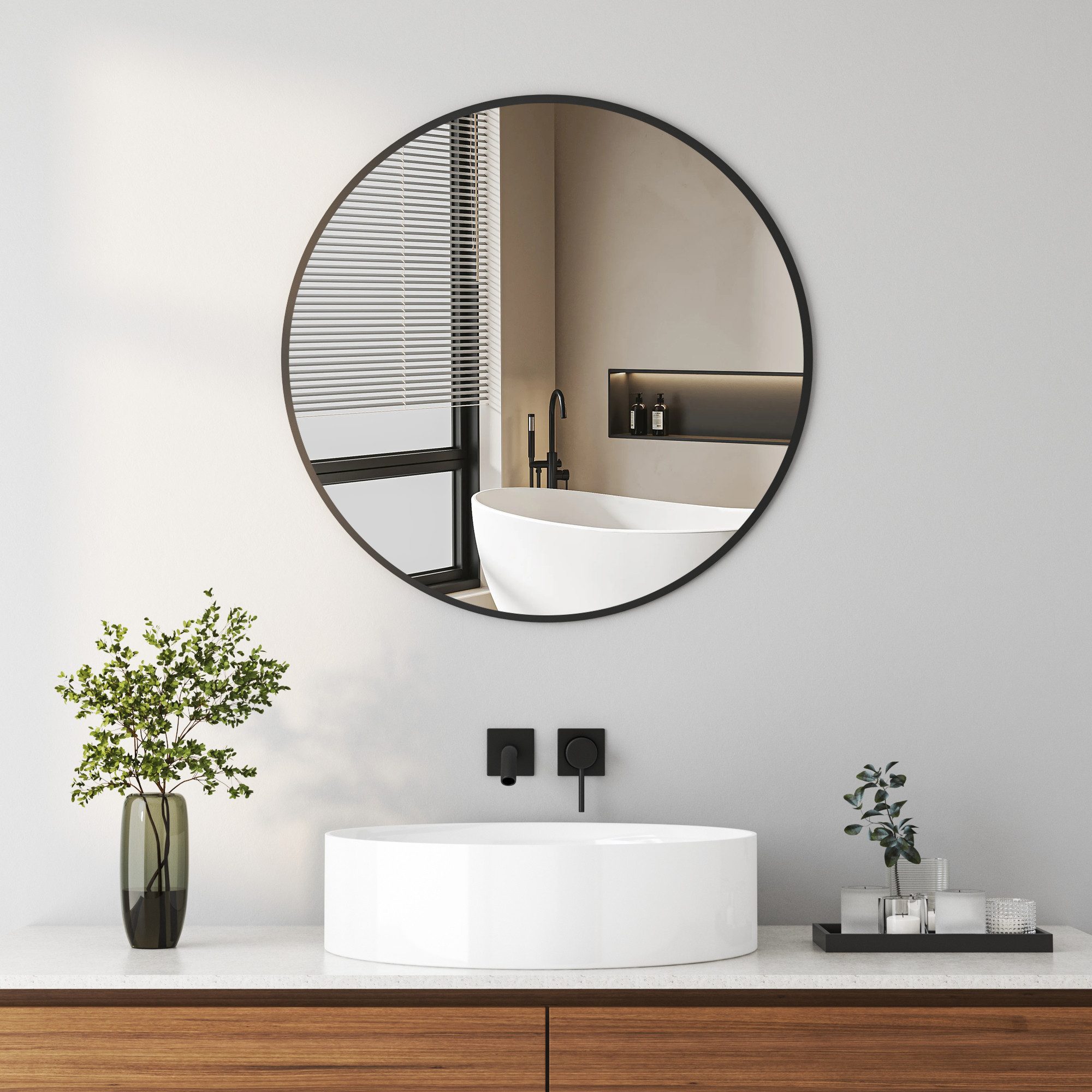 Hopibath Wandspiegel klein 40x40 Rundspiegel Schwarz mit Alurahmen Ø40cm (Dekospiegel Flurspiegel, Badspiegel), Spiegel, für Flur, Bad, Schlafzimmer, Wohnzimmer