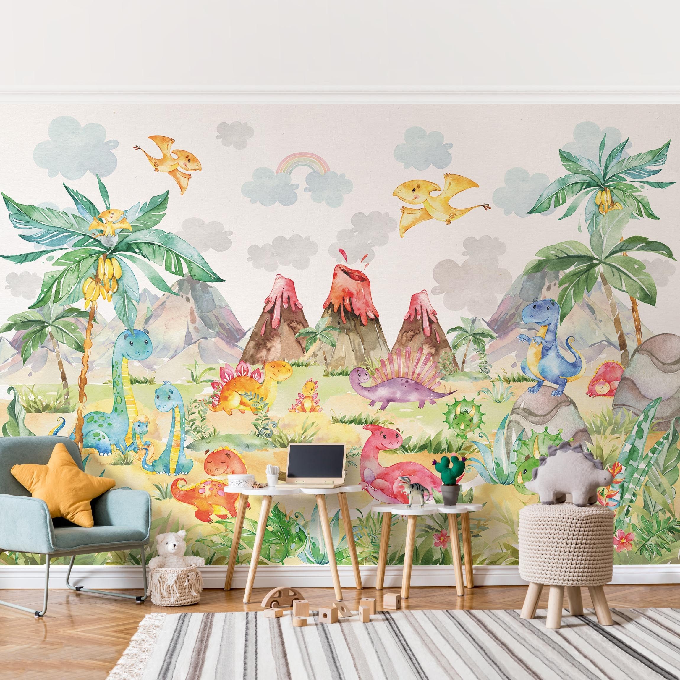 Bilderdepot24 Kindertapete Wilde Dinowelt Aquarell Wald Illustration Kinder Natur Landschaft bunt, Glatt, Matt, (Vliestapete inkl. Kleister oder selbstklebend), Mädchenzimmer Jungenzimmer Babyzimmer Bildtapete Fototapete Wandtapete