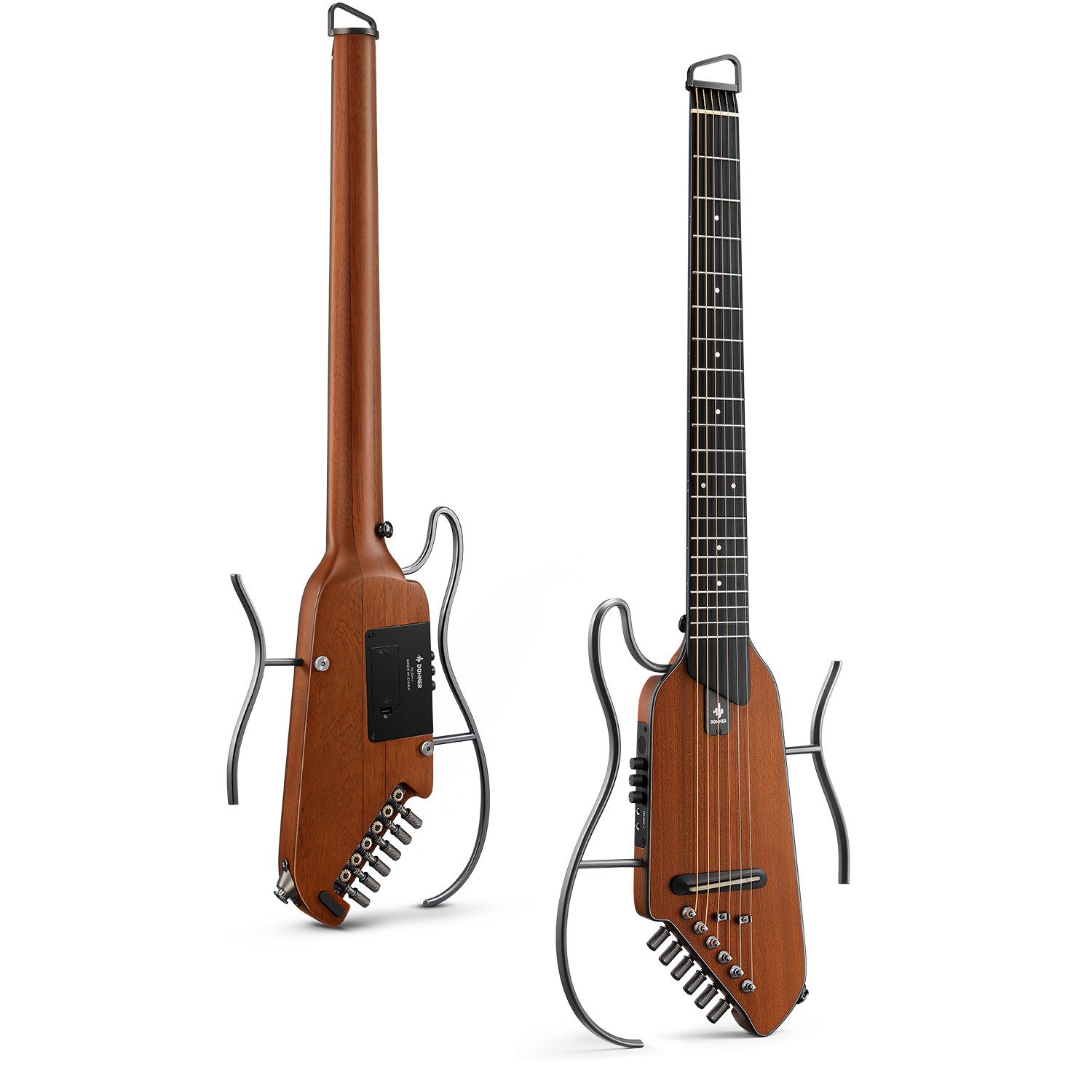 Donner Gitalele HUSH-I EVO2 Kopflose Reisegitarre für leises Üben mit Stimmgerät Natur, Kopflose Bauweise in Naturfarbe mit Holzkorpus und abnehmbaren ergonomischen Rahmen., SET, Werkzeuglose Rahmenmontage und magnetisches Werkzeugfach.