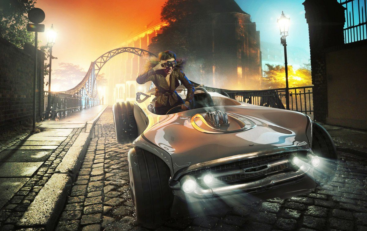 Papermoon Fototapete RETRO AUTO-ALTSTADT FANTASIE VINTAGE SPORT RACING XXL