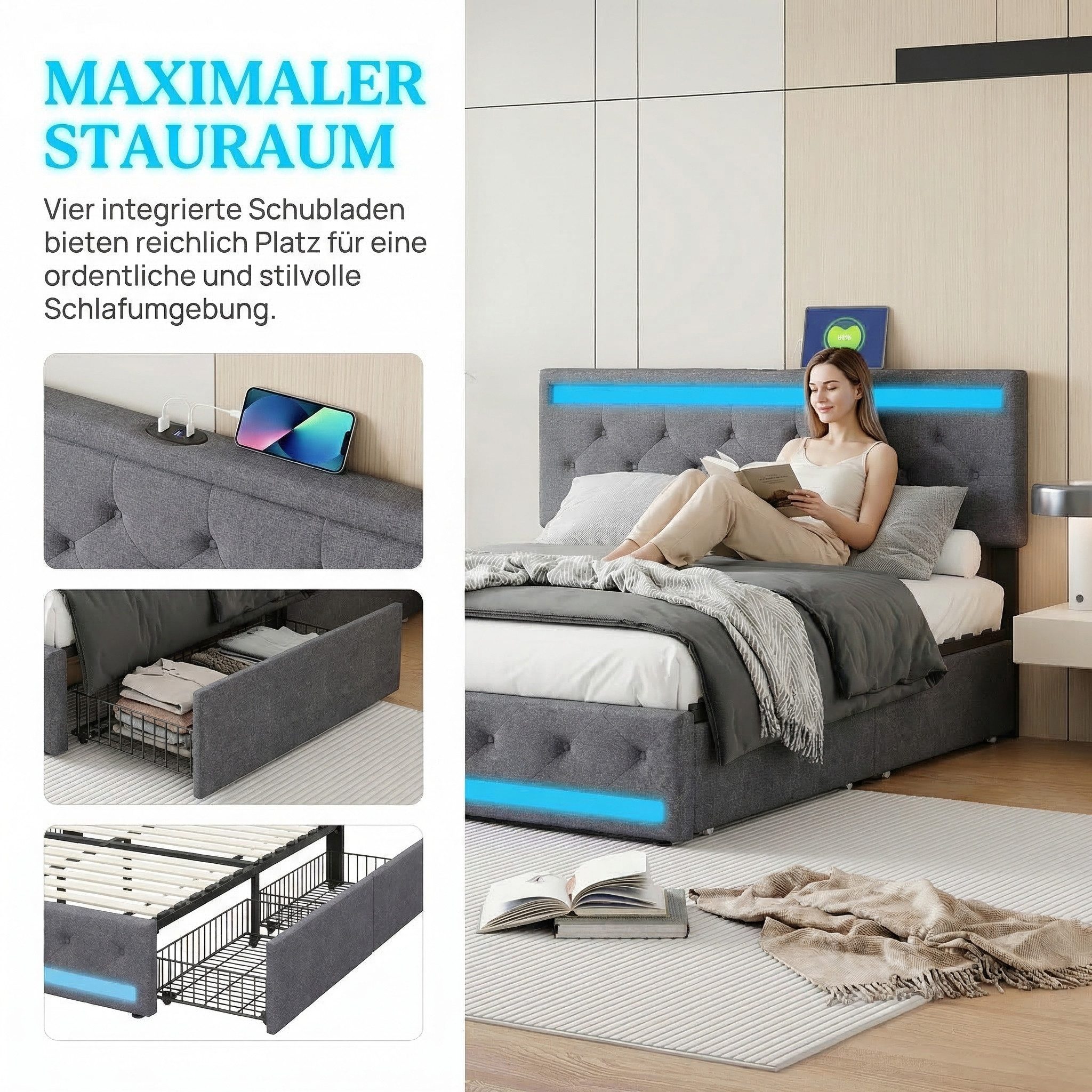 PXloue Polsterbett Modernes Polsterbett mit LED-Beleuchtung, Bettgestell mit USB-Anschluss und modernem Design 140x200 cm