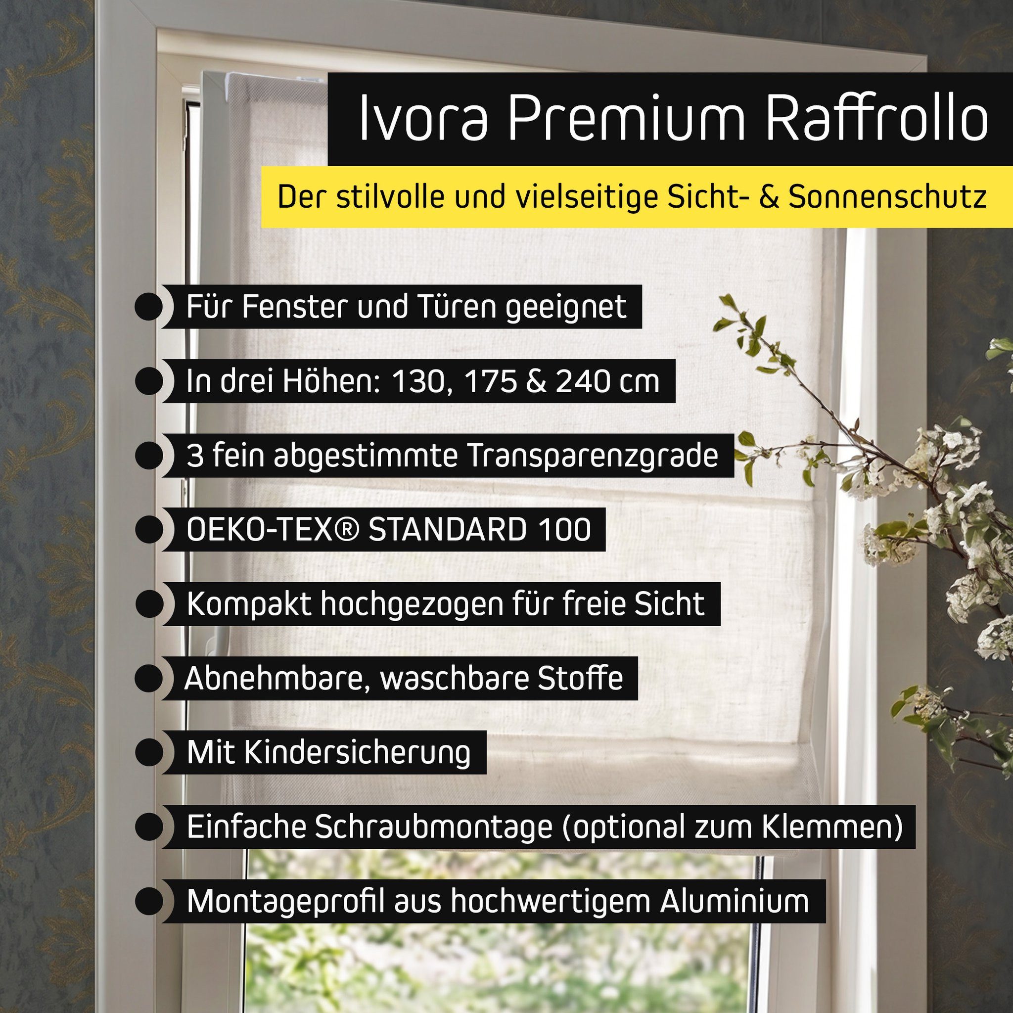 Victoria M. Raffrollo Ivora Premium Raffrollo 40x130cm Elfenbein-Meliert mit Bohren, mit Faltenband, mit Bohren, freihängend, Abnehmbarer Stoff mit OEKO-TEX® Ze – Bild 3 von 5