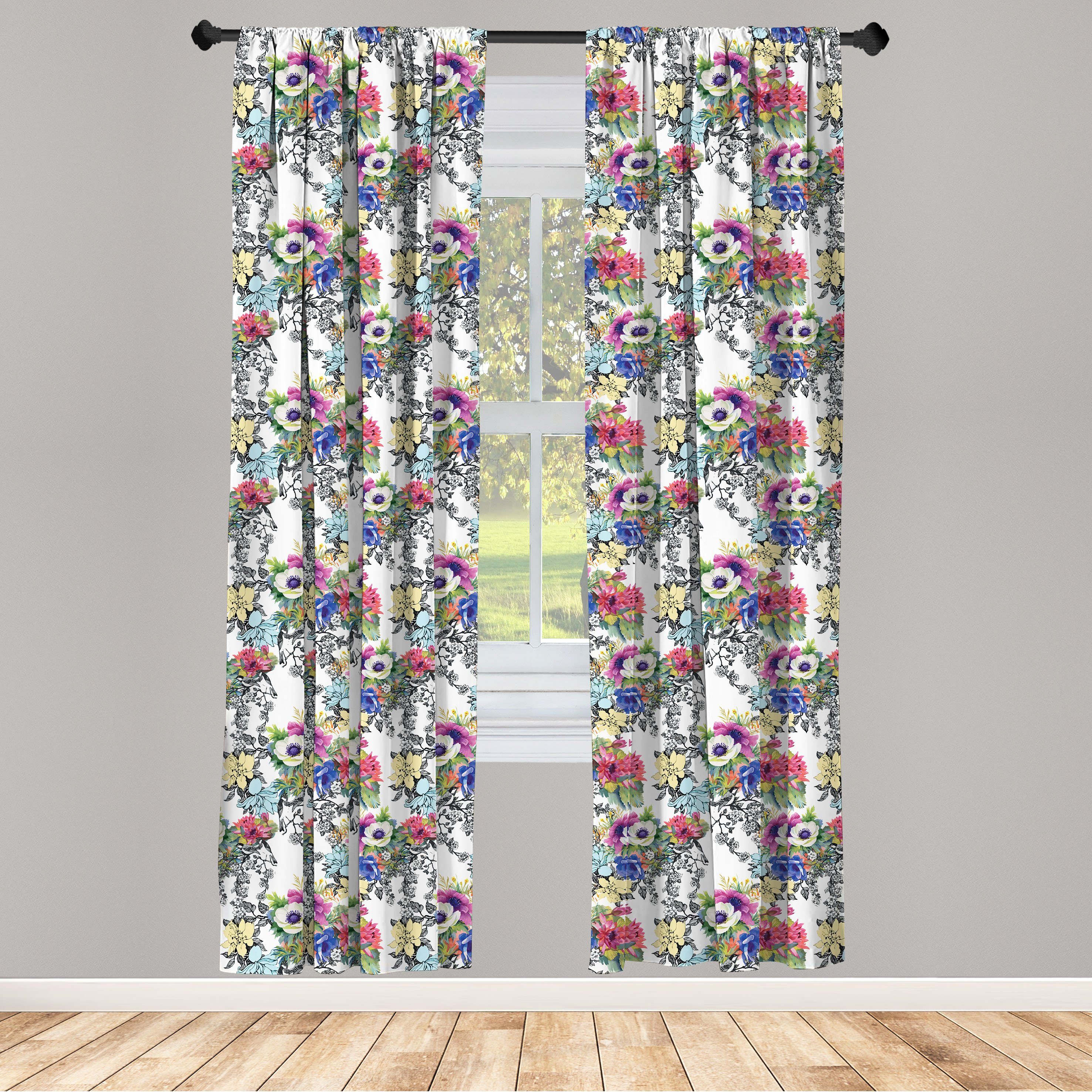 Gardine Vorhang für Wohnzimmer Schlafzimmer Dekor, Abakuhaus, Microfaser, Blumen Aquarell Botanik Motiv