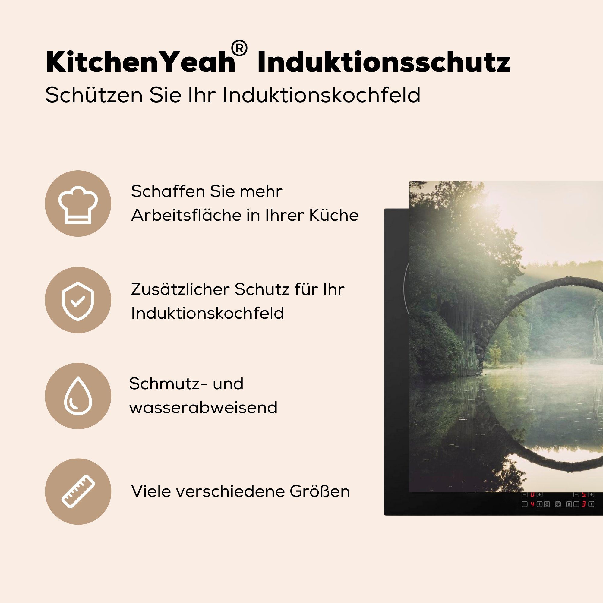 Vinyl, im 83x51 Nebel, Die (1 Deutschland, Herdblende-/Abdeckplatte Ceranfeldabdeckung, Rakotzbrücke cm, für tlg), Arbeitsplatte küche Kromlau, MuchoWow in