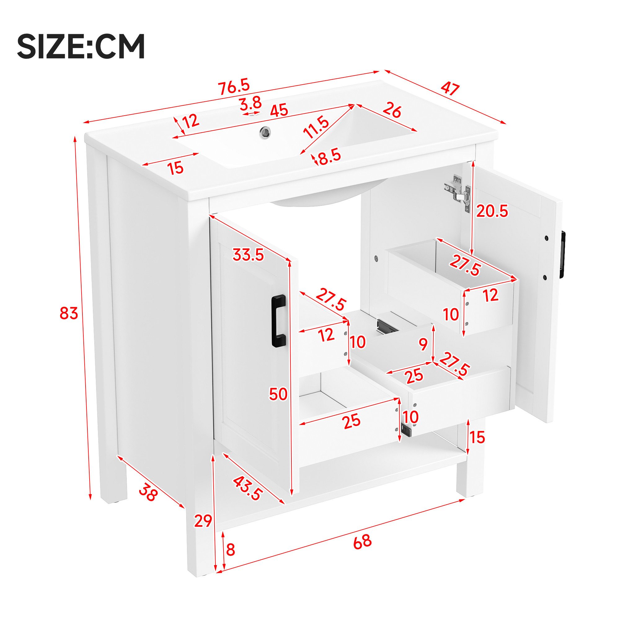 Flieks Waschtisch mit beweglicher Türregalen, Waschbeckenunterschrank mit Waschbecken (B76,5/T47/H83 cm, 1-St., bodenstehender, Regale mit Gleitschienen), Badez – Bild 5 von 5