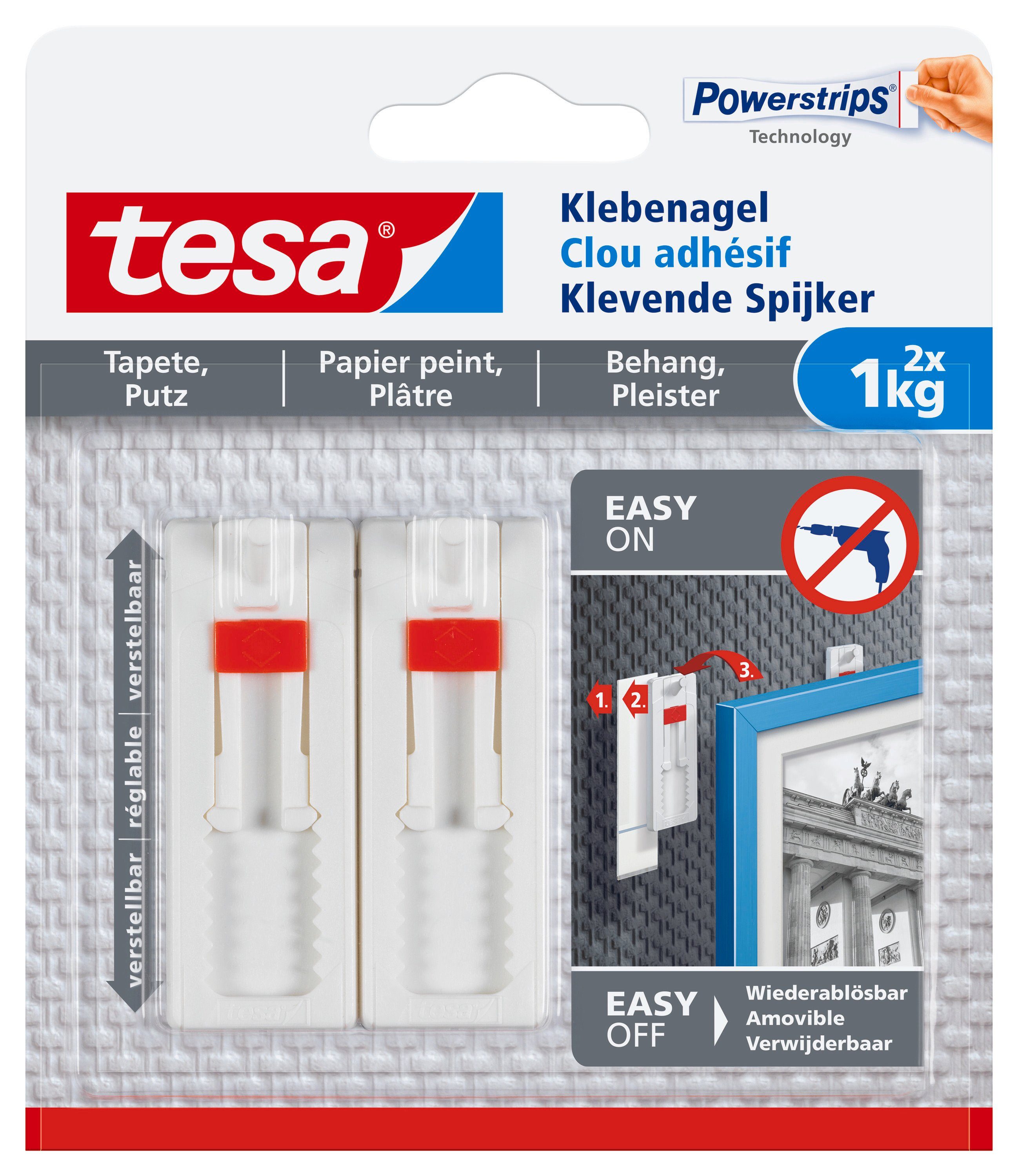 tesa Klebehaken Klebenagel mit max. 1 kg Haltekraft für Bilder - verstellbar, Dekoration, Bilder, Leinwände, Lichterketten, Girlanden, (Spar-Set, 2-St., inkl. Powerstrips), Klebenagel - POWERSTRIPS Doppelseitig - Tapete & Putz - 2er Pack