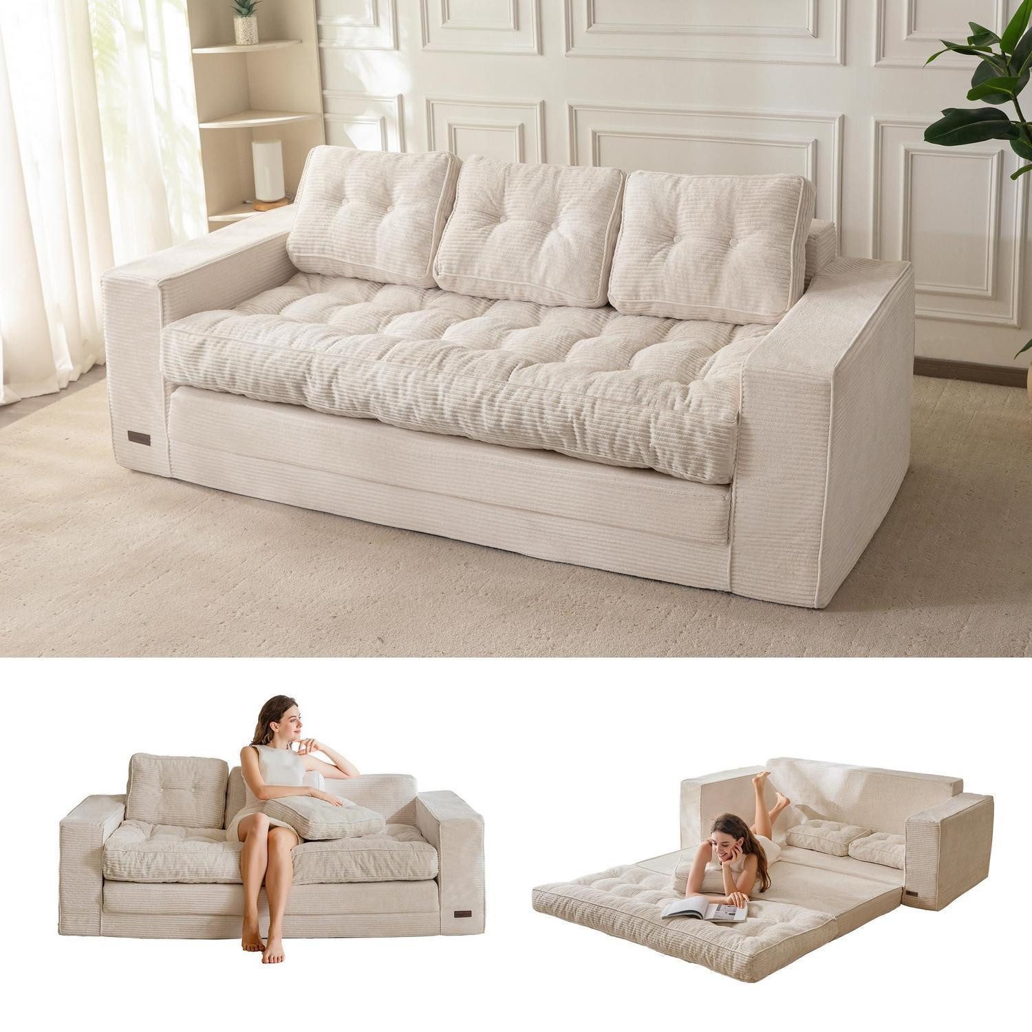LuxusKollektion Schlafsofa Bodensofa Schlafsofa Klappbar Cord 3 Sitzer Off-white 190*85cm