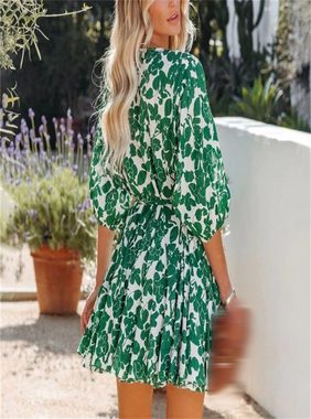 AFAZ New Trading UG Sommerkleid Damen-Kleid mit Rundhalsausschnitt, Boho-Blumendruck und hoher Taille (1-tlg)