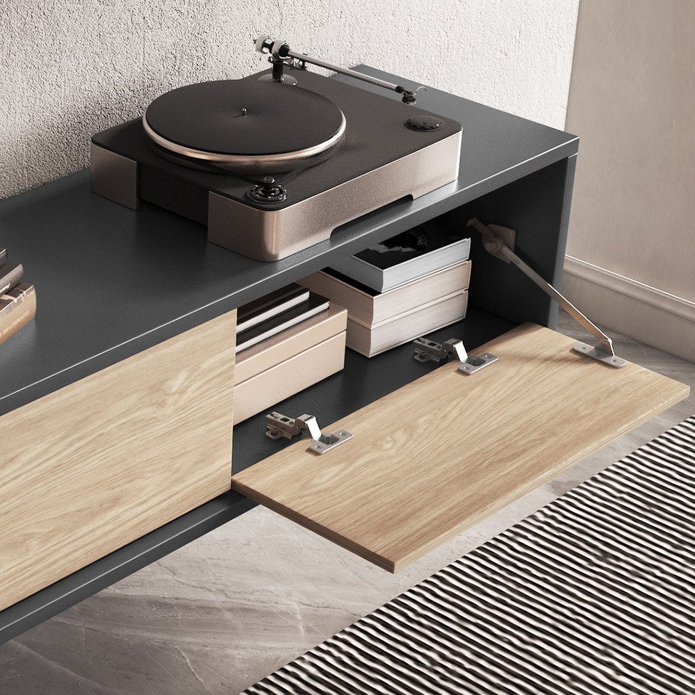 Lomadox Lowboard FORLI-83, anthrazit Eiche modern Push-to-open Funktion 180x32x36 cm