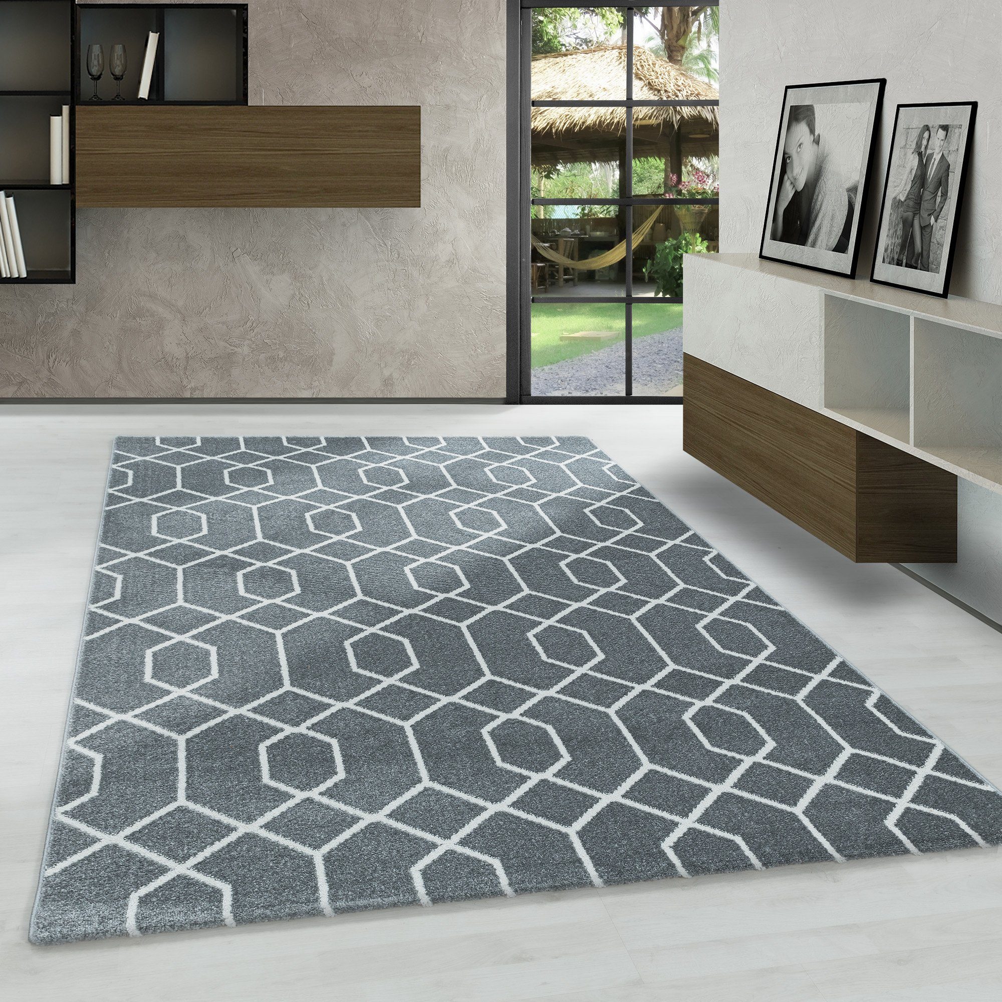 Frisé-Teppich Geometrisch Design, Carpetsale24, Läufer, Höhe: 10 mm, Kurzflor Teppich Geometrisch Design Grau Teppich Wohnzimmer