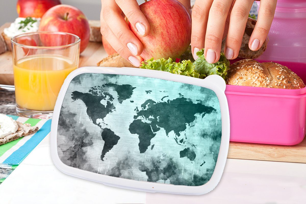 MuchoWow Lunchbox Weltkarte Erwachsene, - Kunststoff Snackbox, Kinder, (2-tlg), Grau Brotdose Blau, Mädchen, - Brotbox für Kunststoff, rosa