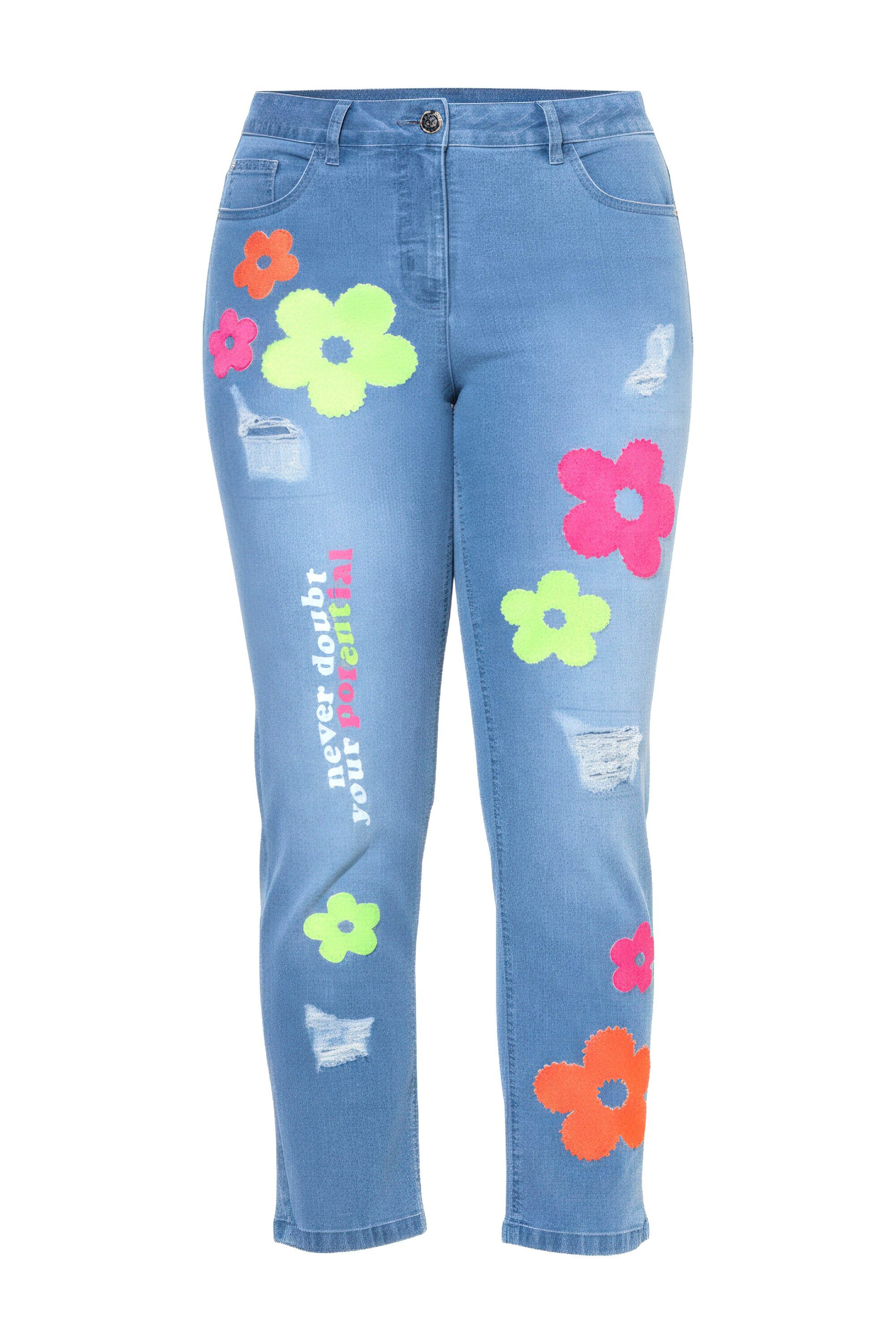Angel of Style 5-Pocket-Jeans 7/8-Jeans Straight Fit Blüten-Applikationen