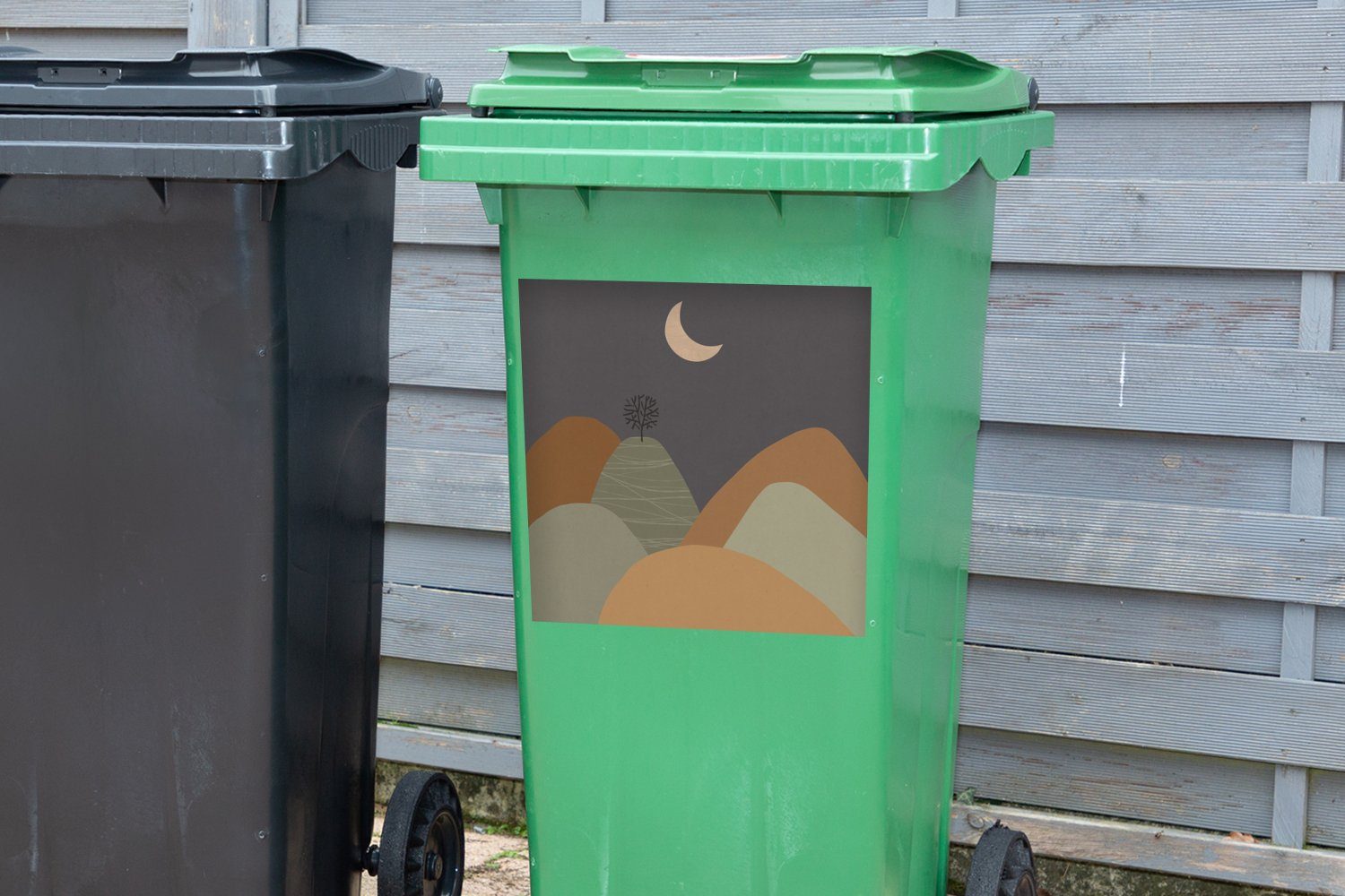 MuchoWow Wandsticker Berg - Sticker, Mond St), Abfalbehälter Mülltonne, Baum - - Pastell (1 Container, Mülleimer-aufkleber