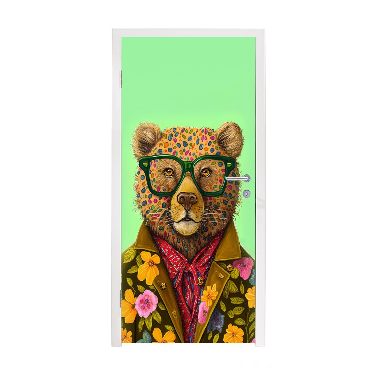 cm - MuchoWow (1 - Matt, Blumen, Brillen Bär St), Tür, für 75x205 Farben - Türtapete Türaufkleber, Tier bedruckt, - Fototapete