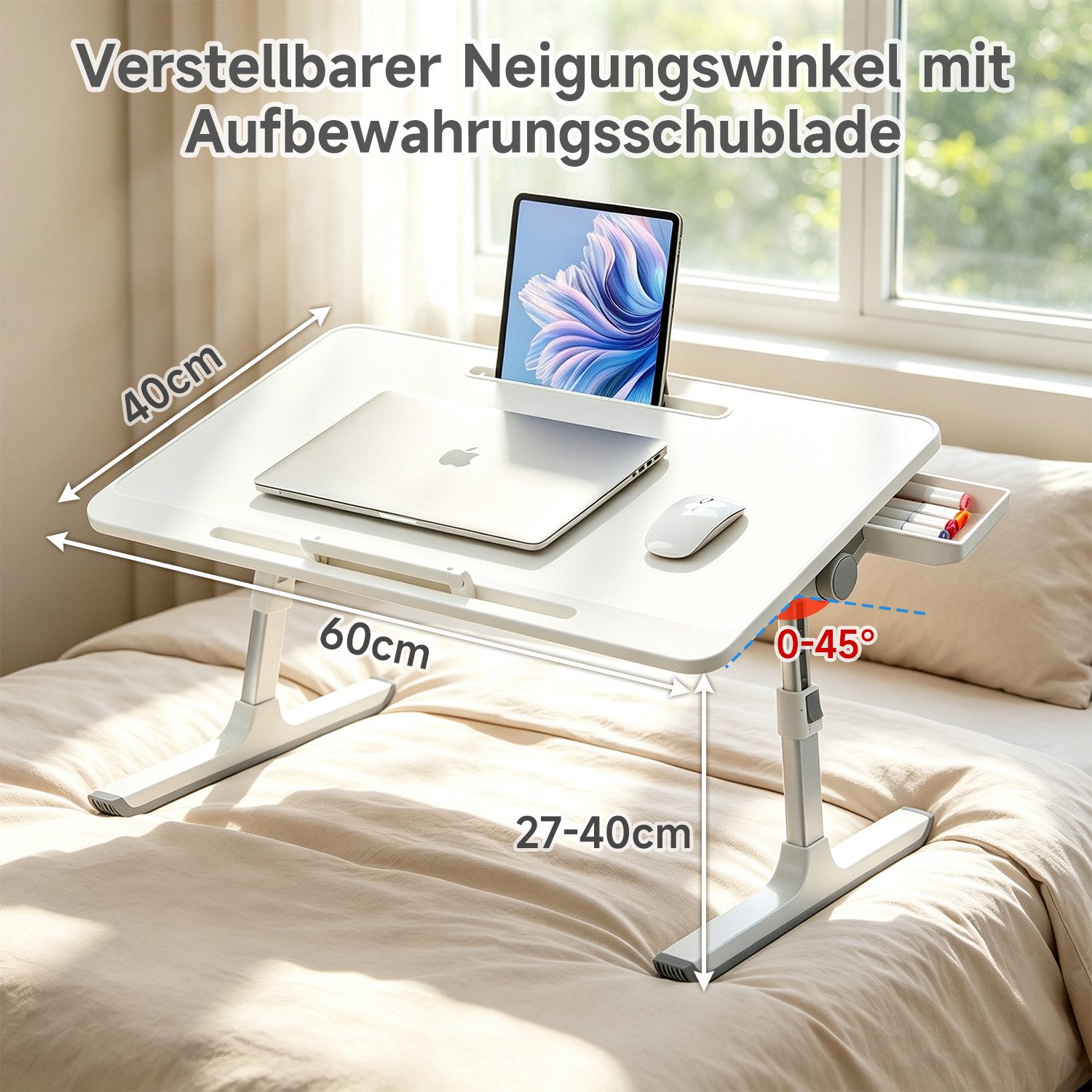 OSTWOLKE Laptoptisch Betttisch Klappbar mit Schublade höhenverstellbar Tisch 60x40cm, Laptoptisch mit Laptop-Stopper, für Sofa, Couch, Bett oder Tisch