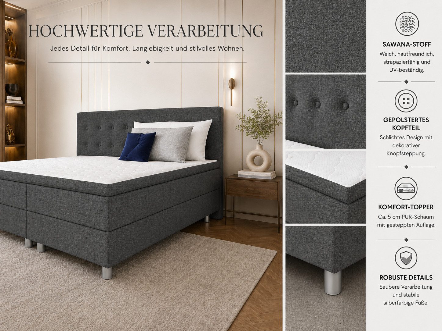Best for Home Boxspringbett mit gepolstertem Kopfteil, komfortabler Bonnell-Matratze & 5 cm Topper (Boxspringbett-Set mit Matratze und Topper, 1-St., 90x200 120 – Bild 4 von 5