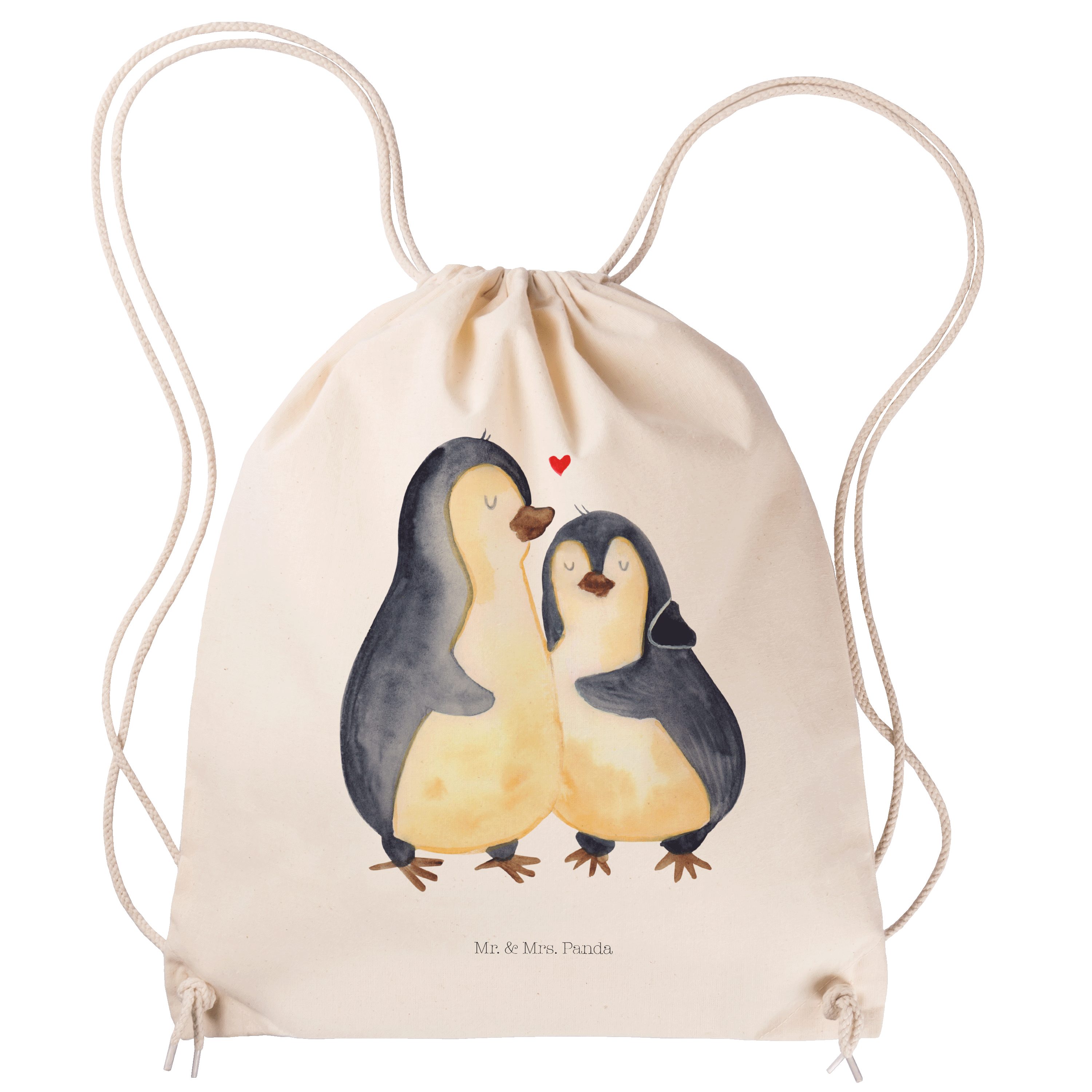Mr. & Mrs. Panda Sporttasche Pinguin umarmen, Jutebeutel, Transparent, gymnastiktasche, Hochzeit, (Packung, 1-tlg)