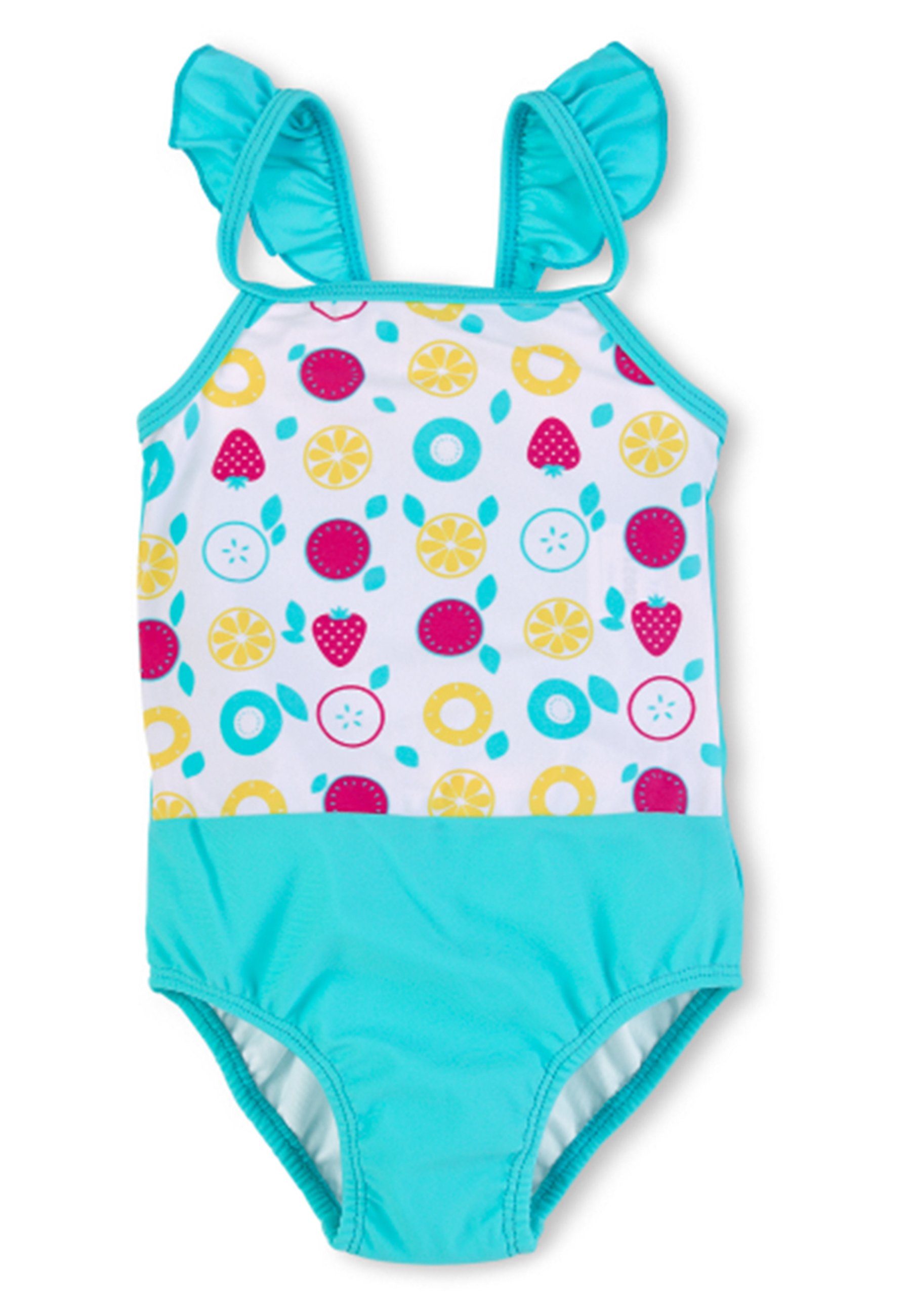 Sterntaler® Badeanzug Badeanzug uni + Früchte Kinderbadeanzug - Badeanzug in Weiß mit Rüschenträgern und Früchte Print - Baby Badebekleidung mit UV-Schutz 50+ und Windeleinsatz