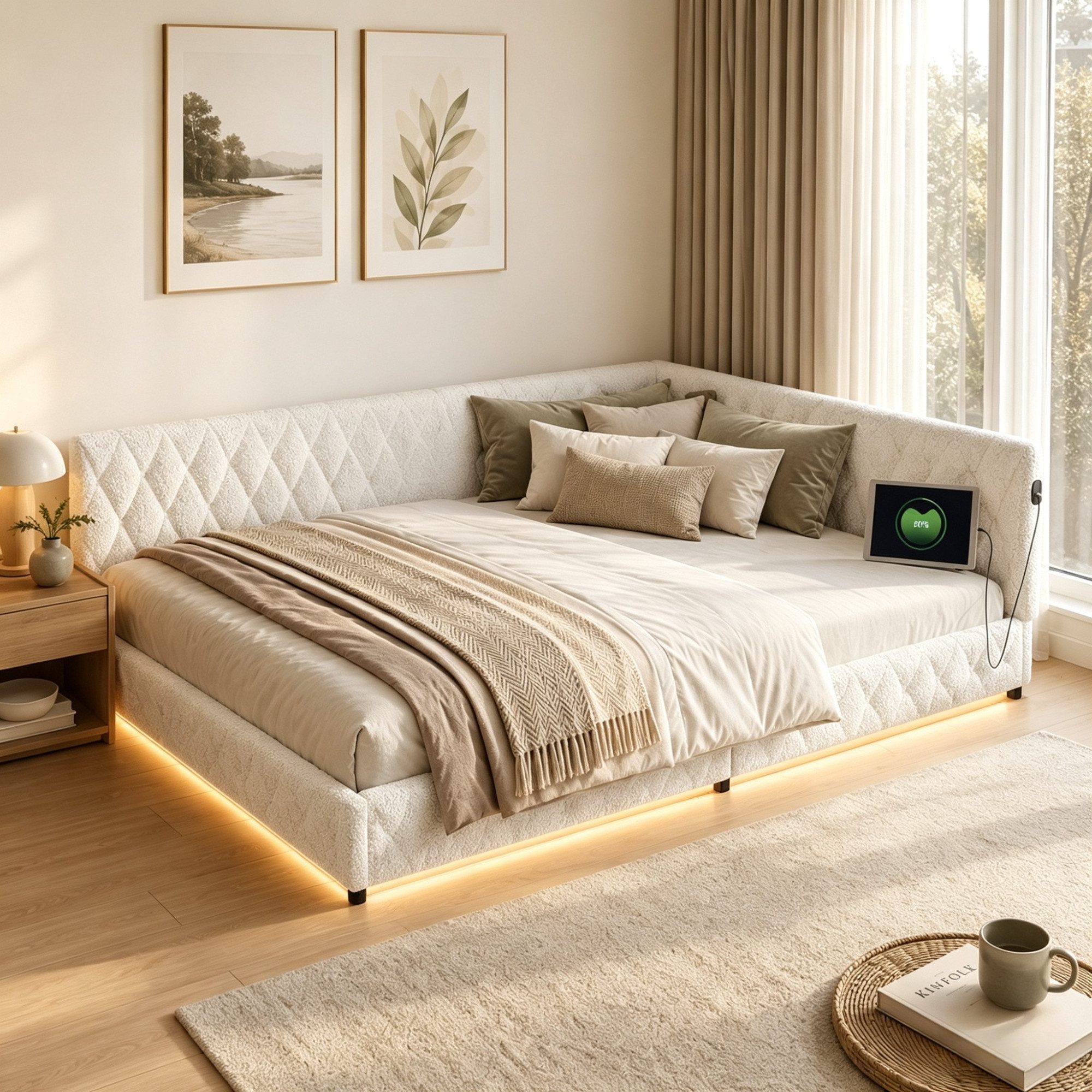 Simurq Polsterbett Daybett mit LED-Beleuchtung & USB, Tagesbett Jugendbett (Packung, 1-tlg., Teddysamt, in 2 Größen verfügbar), Schlafsofa Sofabett Doppelbett – Bild 2 von 5