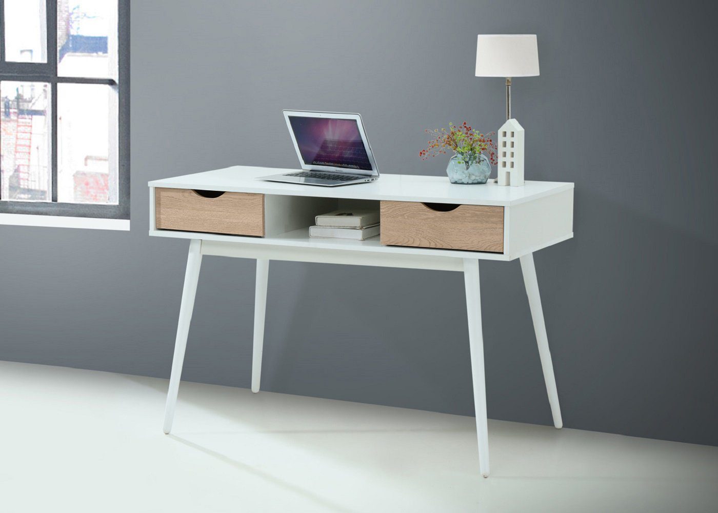 Schubladen, Schreibtisch Design, loft24 mit Skandinavisches Breite 2 120 Sebi, cm Computertisch